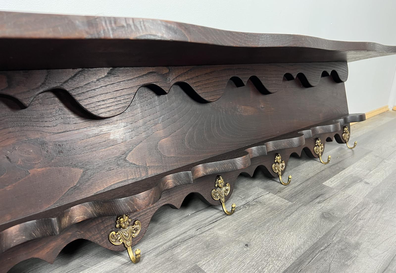 French Vintage Coat Rack Oak 6 Brass Hooks Wall Shelf Hanger (1 of 8)