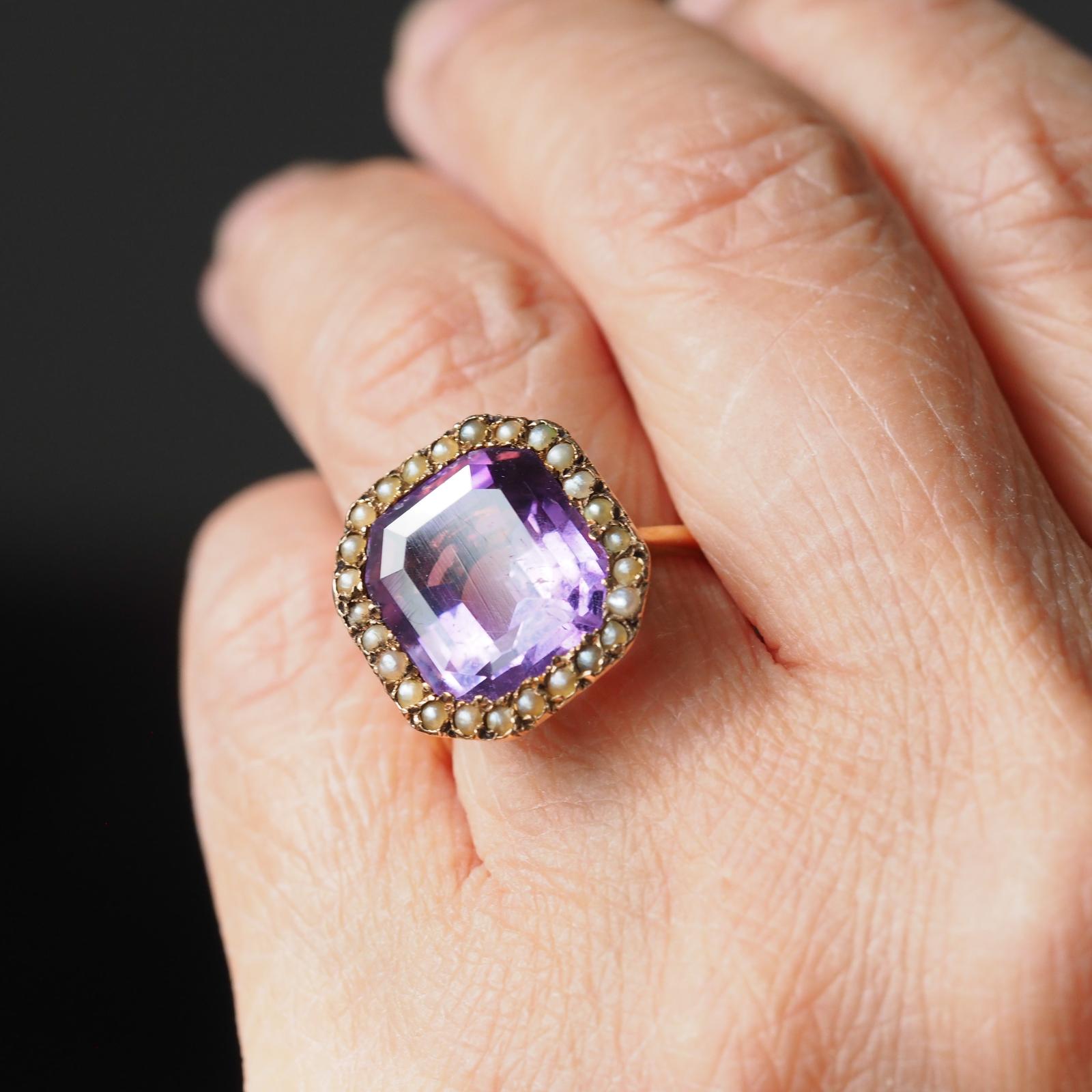 Antique Edwardian 18K Gold Amethyst & Pearl Ring Emerald Cut - c.1900 (1 of 21)