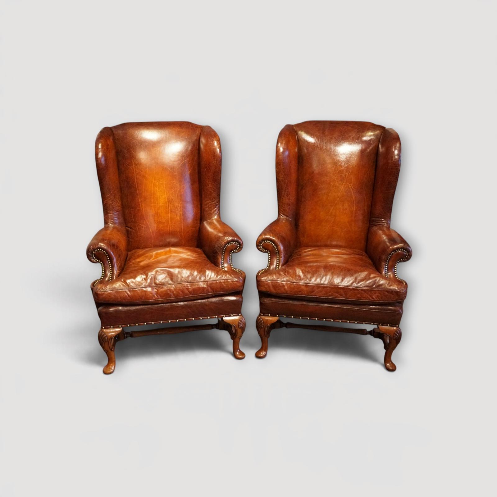 Pair of Queen Anne Style Leather Wingback Chairs in Walnut with Cabriole Legs (1 of 17) Pair of Queen Anne Style Leather Wingback Chairs in Walnut with Cabriole Legs (1 of 17)