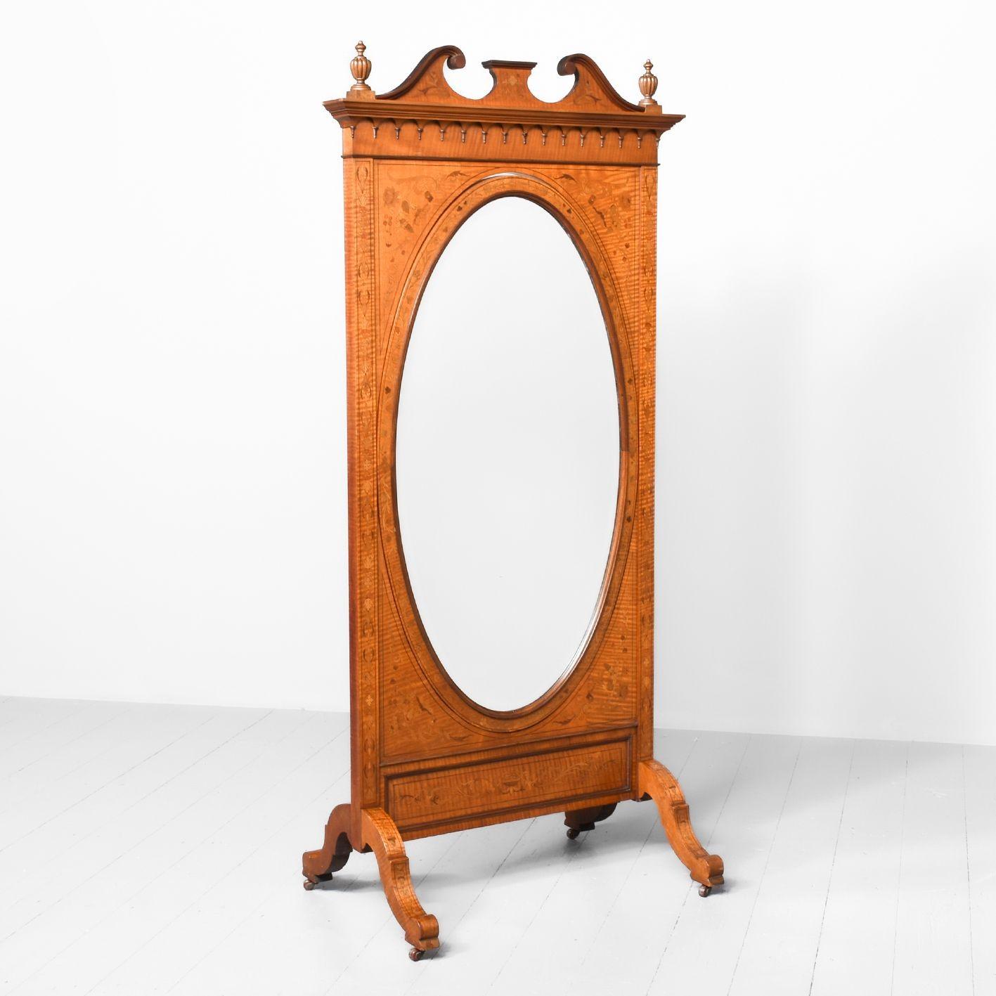 Marquetry Inlaid Satinwood Cheval Mirror (1 of 10)