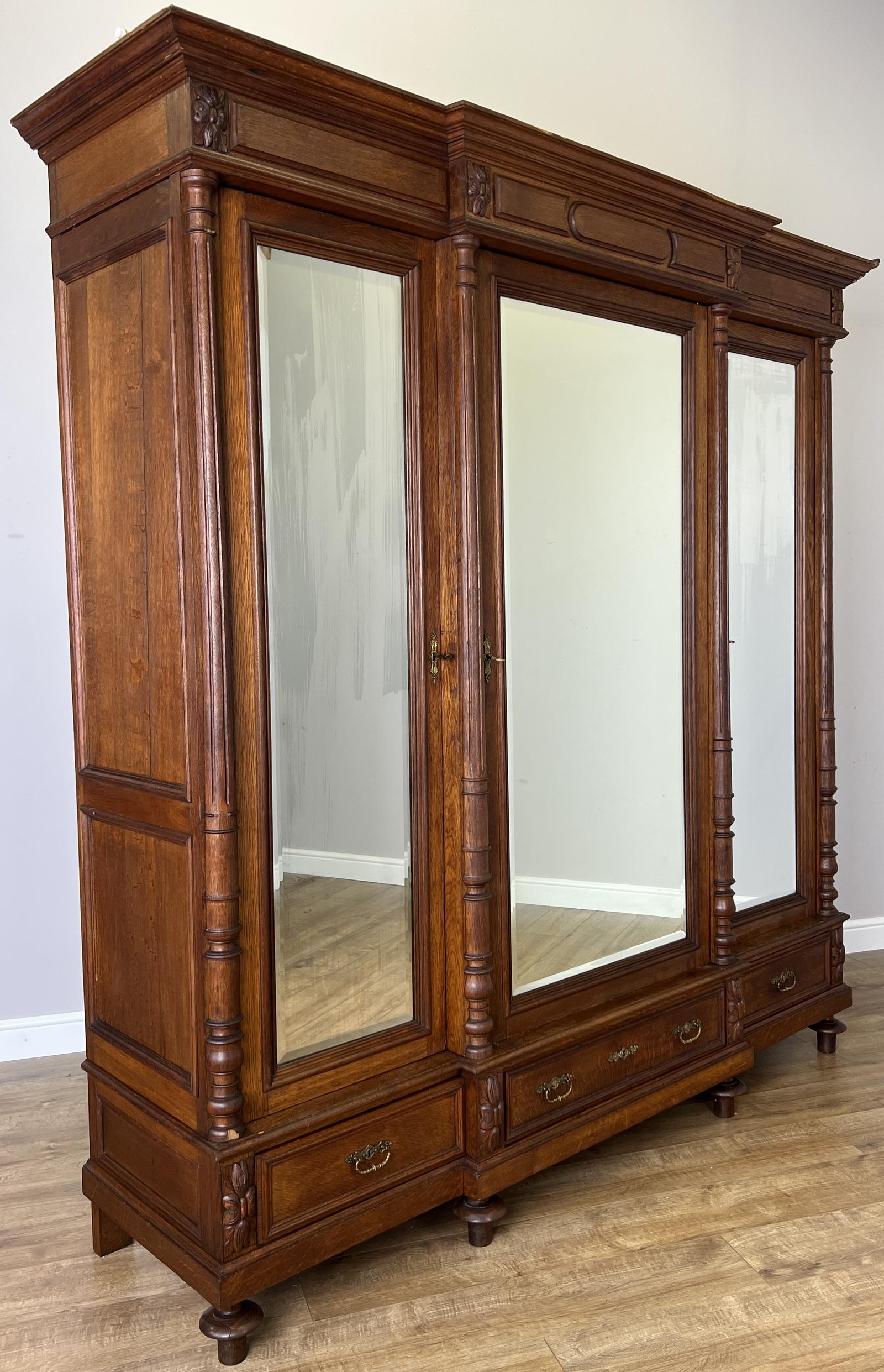 Wardrobe Antique French Style Oak Three Door Carved Mirrored Armoire (1 of 19) Wardrobe Antique French Style Oak Three Door Carved Mirrored Armoire (1 of 19)