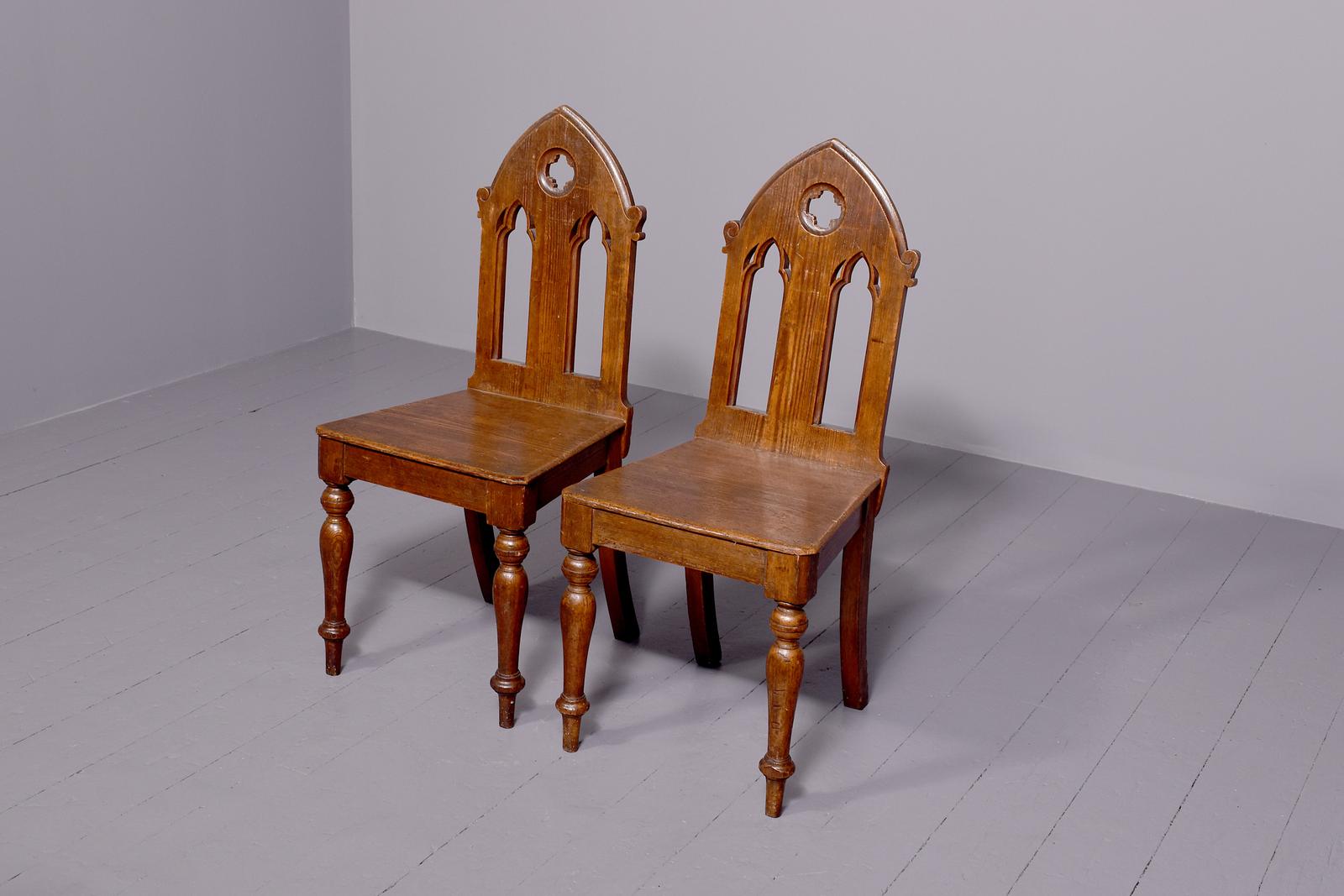 Rustic Pair of Quality 19 th Century Gothic Pitch Pine Hall Chairs (1 of 8)