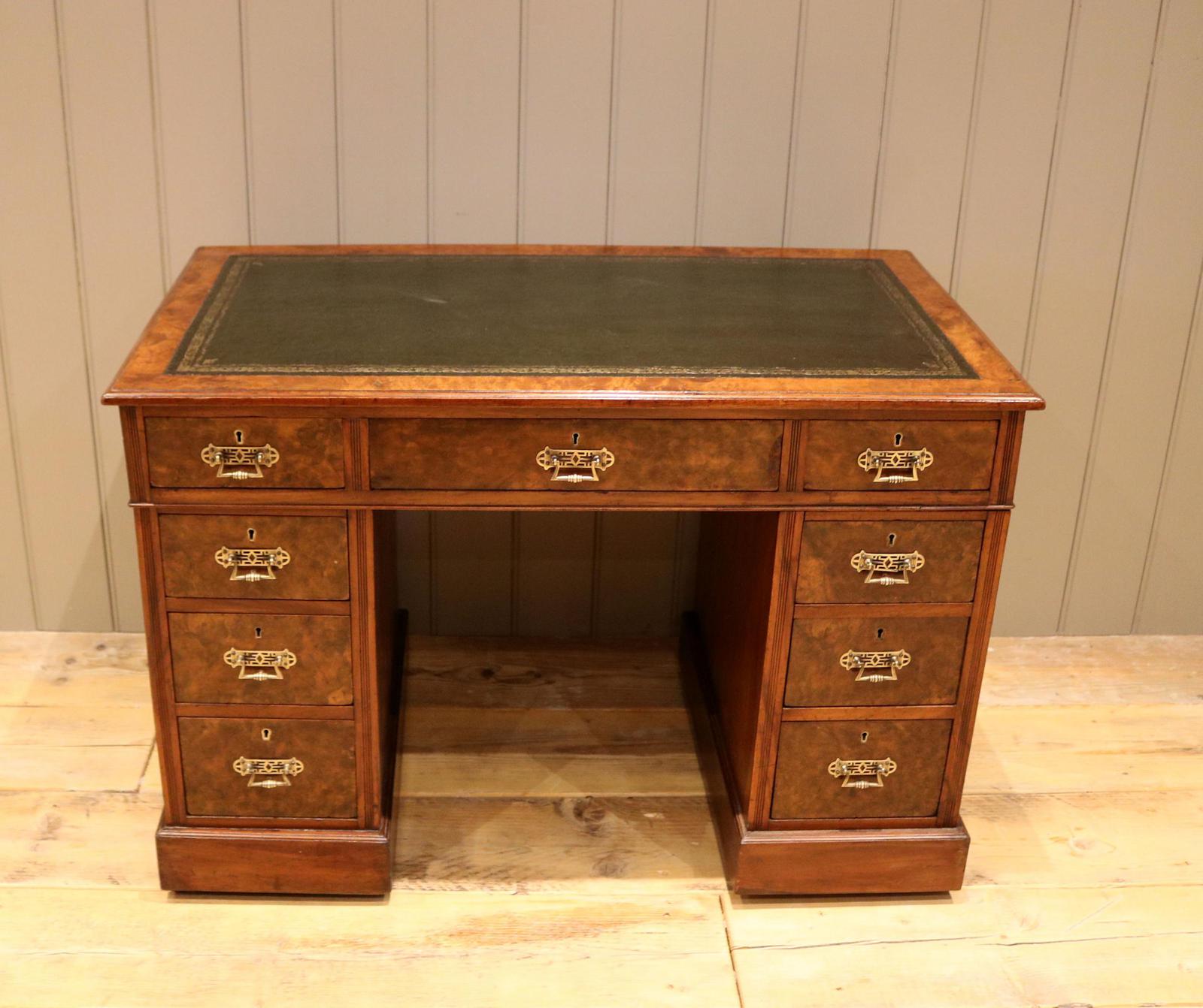 Late 19th Century Burr Walnut Pedestal Desk (1 of 11) Late 19th Century Burr Walnut Pedestal Desk (1 of 11)