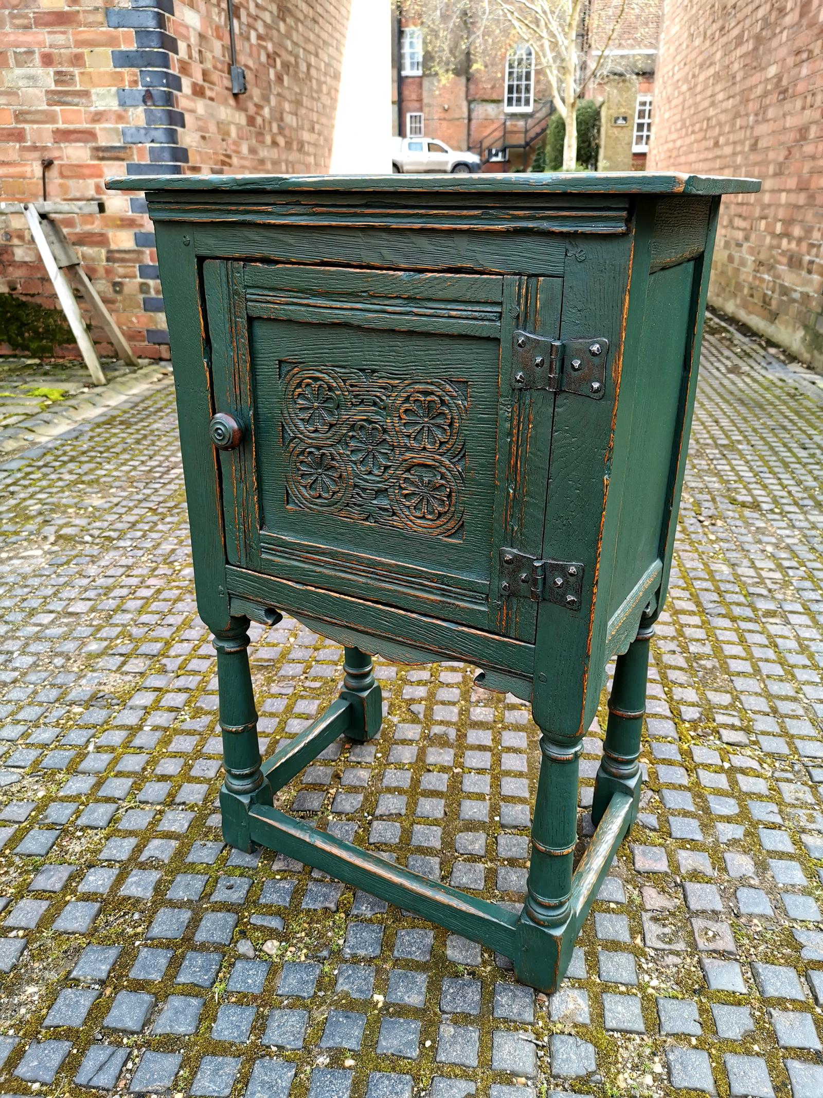 Jacobean Style Carved Oak Painted One Door Cupboard (1 of 5) Jacobean Style Carved Oak Painted One Door Cupboard (1 of 5)