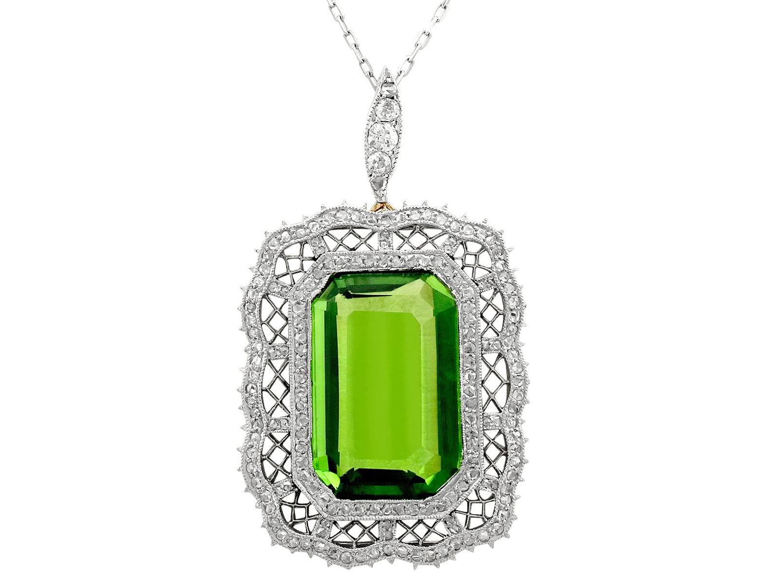 15.66ct Peridot & 1.65ct Diamond, 14ct Yellow Gold Pendant - Antique c.1910 (1 of 9)