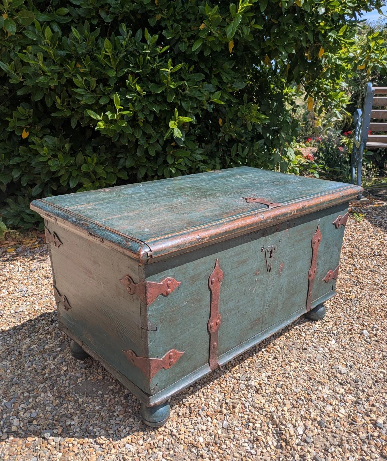 Beautiful Painted Pine Chest with Hand Forged Iron Strapwork (1 of 8) Beautiful Painted Pine Chest with Hand Forged Iron Strapwork (1 of 8)