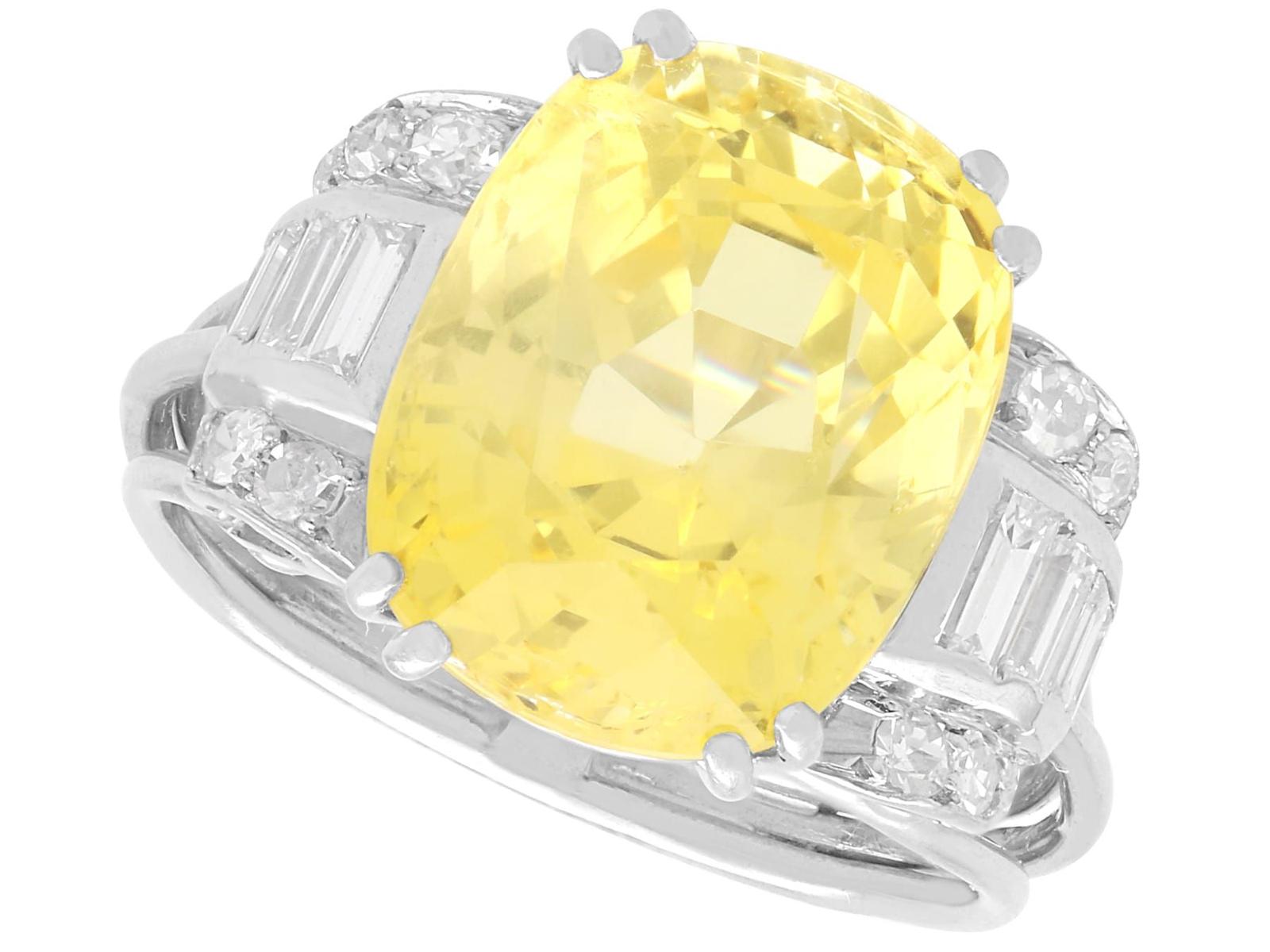 11.74ct Ceylon Yellow Sapphire & 0.66ct Diamond, 18k White Gold Ring c.1935 (1 of 14)
