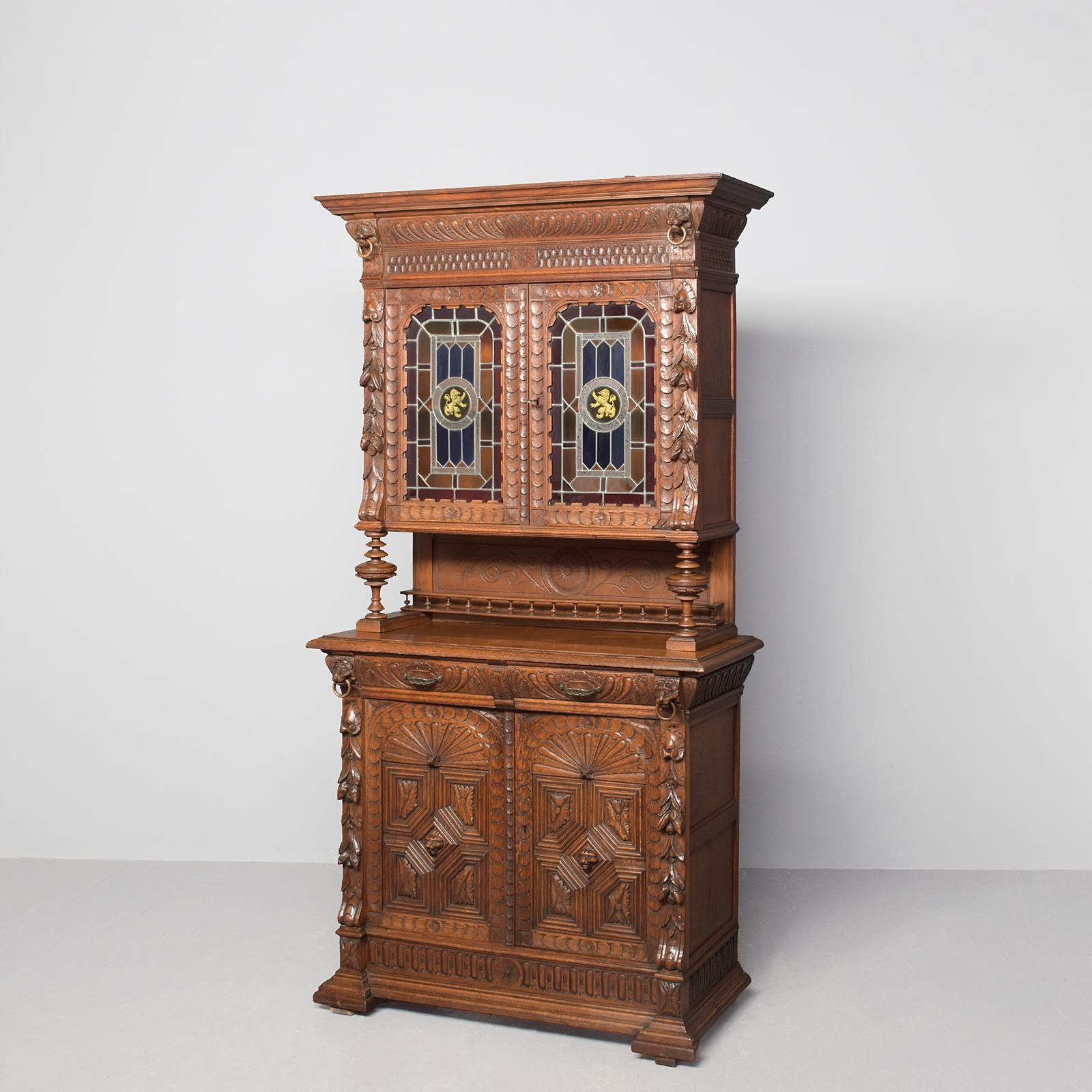 Quality, Carved Oak-stained Glass Flemish Two-part Bookcase (1 of 11) Quality, Carved Oak-stained Glass Flemish Two-part Bookcase (1 of 11)