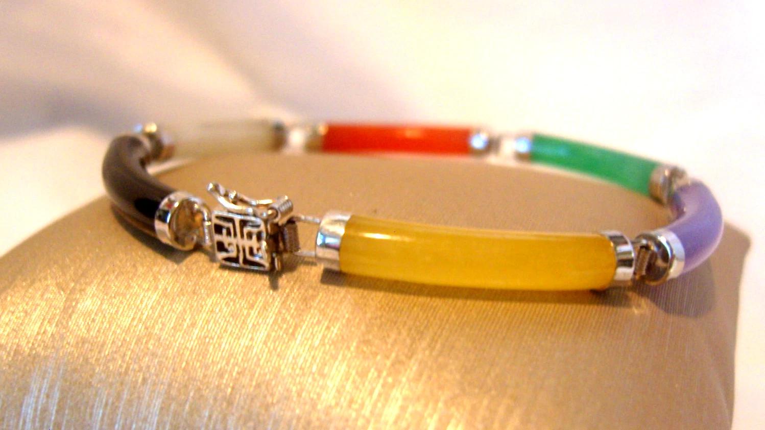 Bracelet Silver 925 & Multi Coloured Jade Vintage 1970s 7 1/4" Length (1 of 16)