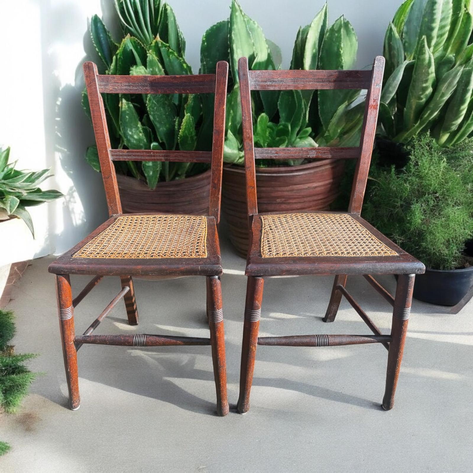 Pair of Antique Edwardian Wood & Rattan Bedroom Chairs (1 of 7)