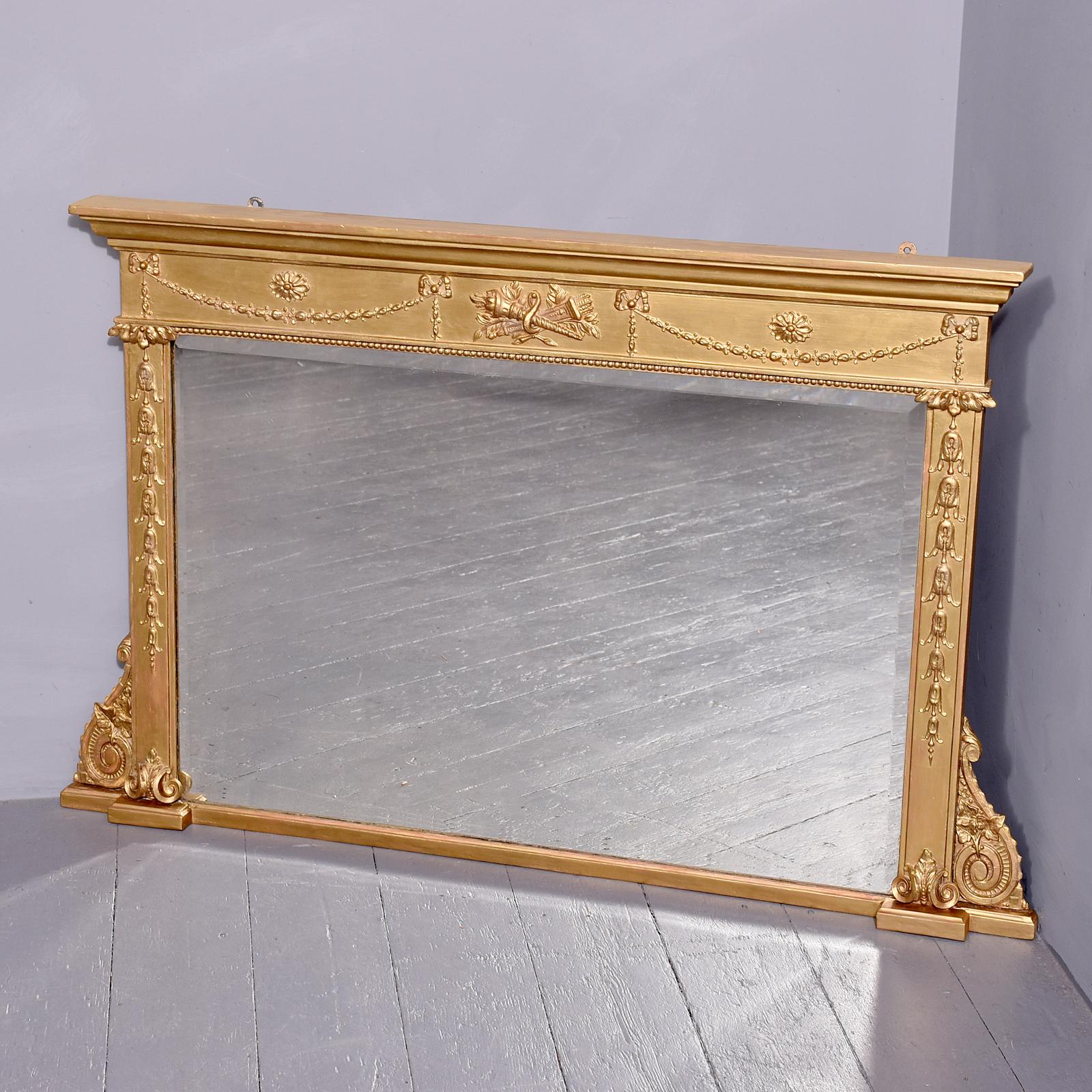 Neat Size Gilded Overmantel Mirror with Neoclassical Decoration c.1850 (1 of 6)