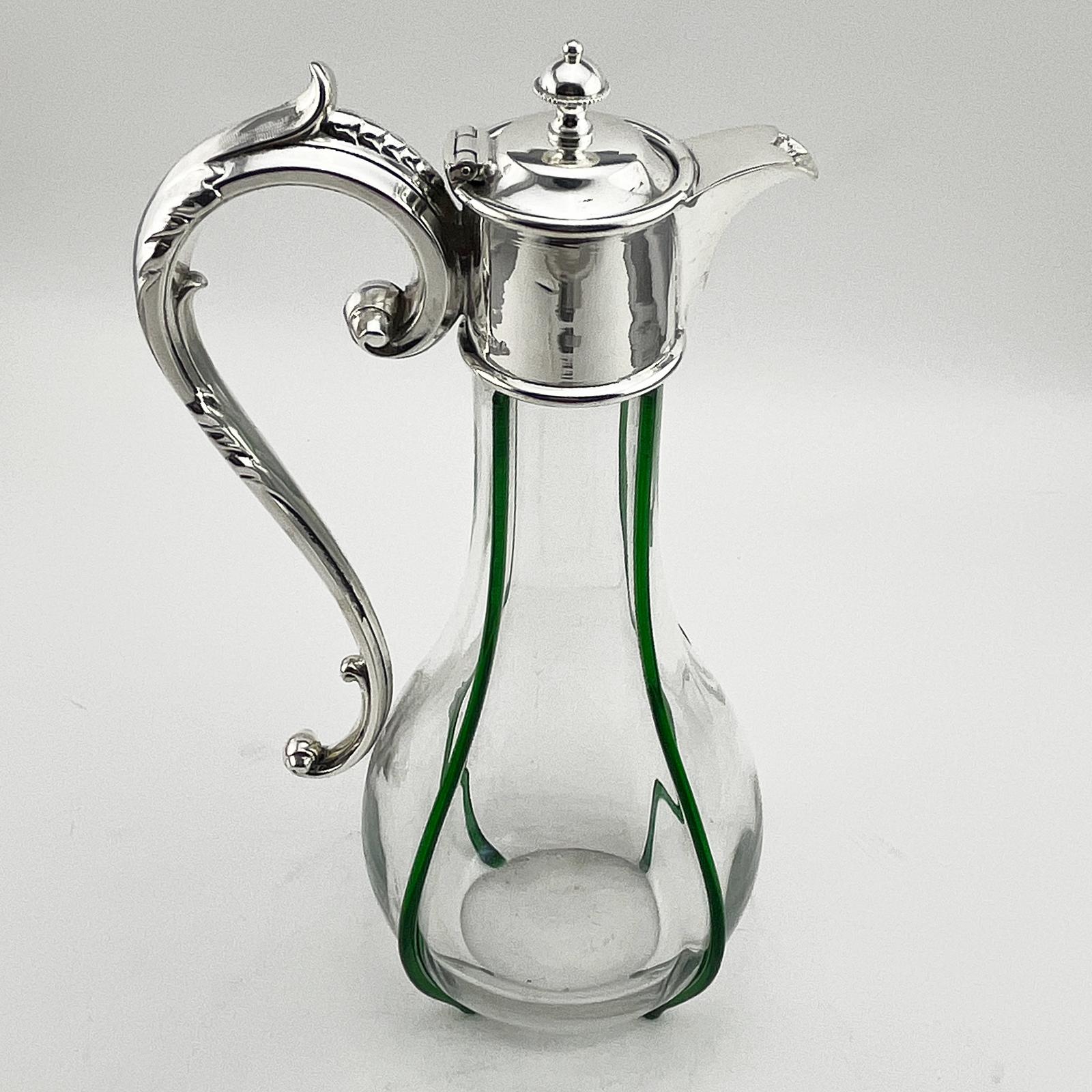 Edwardian Silver Plated Claret Jug with Green Applied Ribs (1 of 6) Edwardian Silver Plated Claret Jug with Green Applied Ribs (1 of 6)
