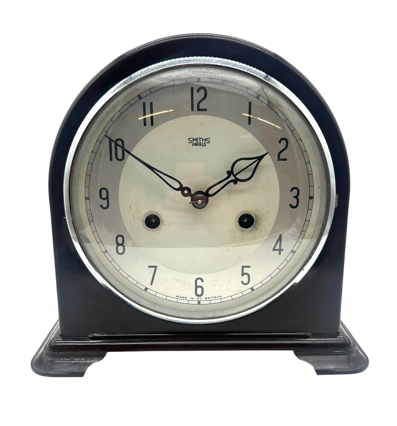 Vintage Smiths Enfield 8-day Bakelite Mantel Clock Chrome Bezel Gong Chime (1 of 11) Vintage Smiths Enfield 8-day Bakelite Mantel Clock Chrome Bezel Gong Chime (1 of 11)
