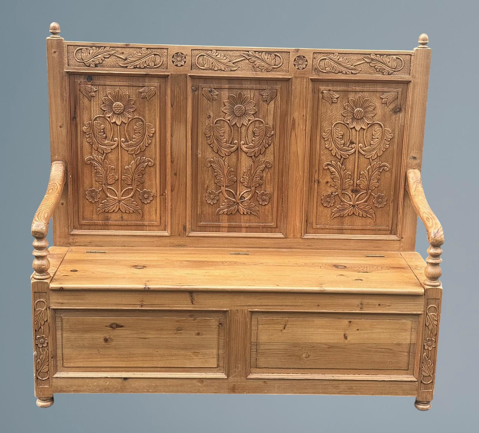 Reclaimed Carved Pine Hall Seat / Hall Bench (1 of 10)