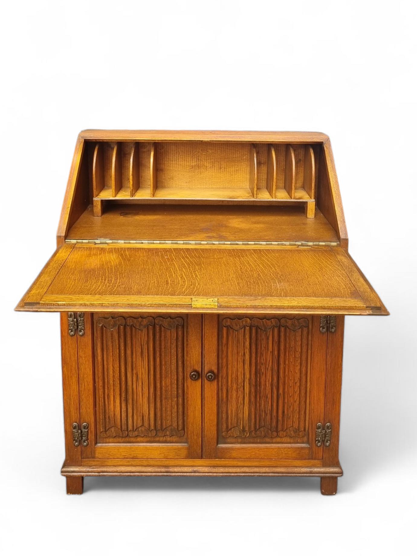 Vintage Old Charm Wood Bros / Linenfold Front Oak Bureau / Light Oak / Carved Oak / Made in England c.1960 (1 of 11)