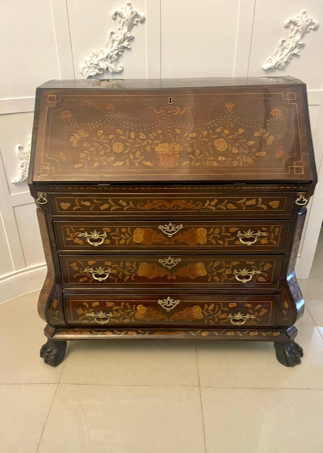 Antique 18th Century Quality Mahogany Floral Marquetry Inlaid Bombe Shaped Bureau (1 of 15)