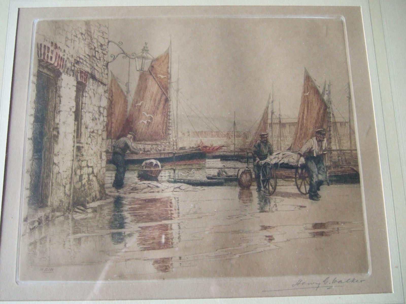 Henry George Walker (1876-1932): coloured etching "Landing Fish, Tenby"  ca.1920s (1 of 5)