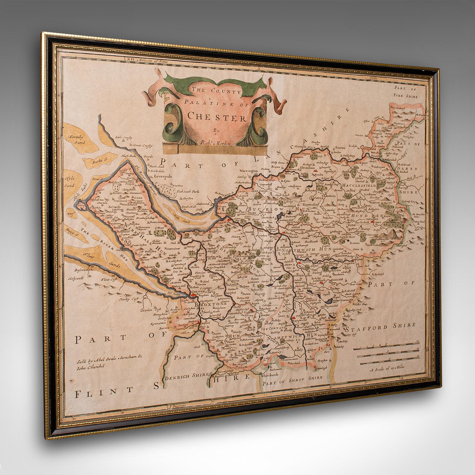 Antique County Map, Cheshire, English, Framed Cartography, Robert Morden, 18th.c (1 of 12)