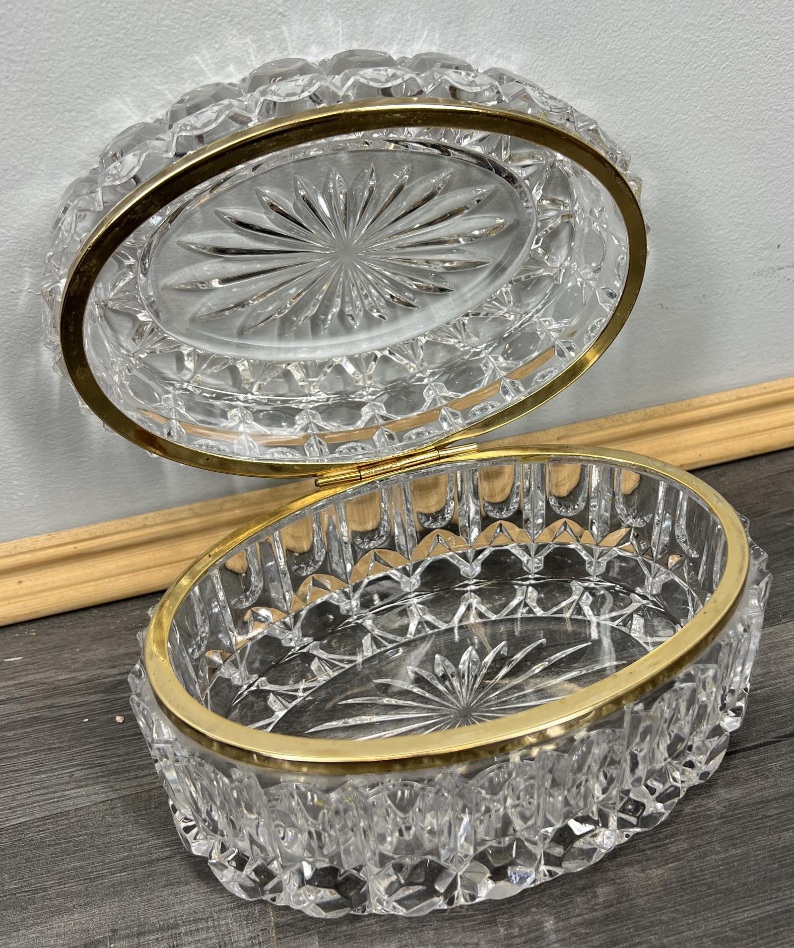 Vintage French Crystal Box Cut Glass with Brass Trim Oval Trinket Dish (1 of 10)