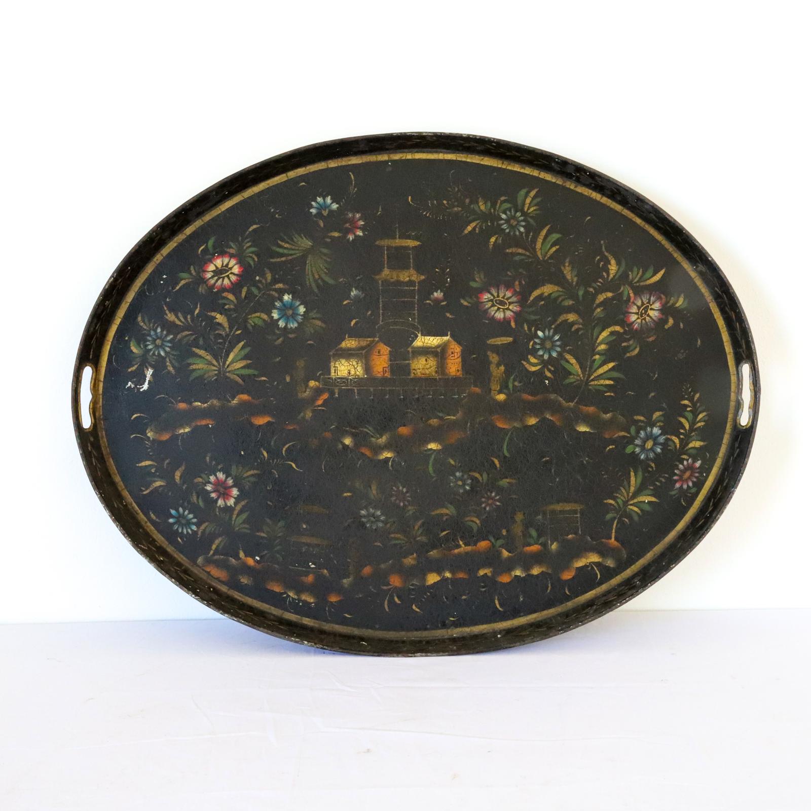 Swedish Antique Chinoiserie Decorated Oval Tray c.1900 (1 of 12)