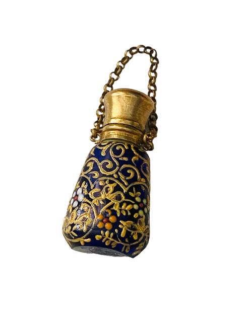 Antique Moser Enamel & Gilt Bristol Blue Glass Miniature Chatelaine Perfume Scent Bottle c.1880 (1 of 9) Antique Moser Enamel & Gilt Bristol Blue Glass Miniature Chatelaine Perfume Scent Bottle c.1880 (1 of 9)
