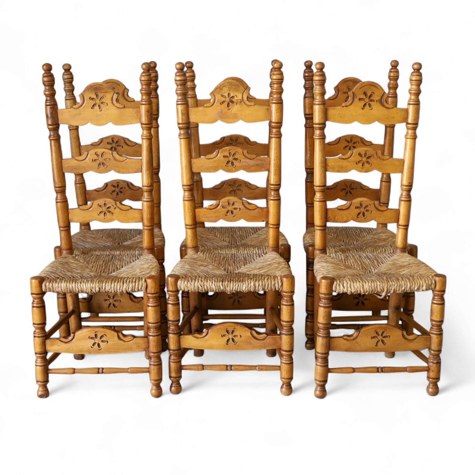 Set Of 6 Spanish Country Style Carved Ladder Back Dining Chairs (1 of 10)