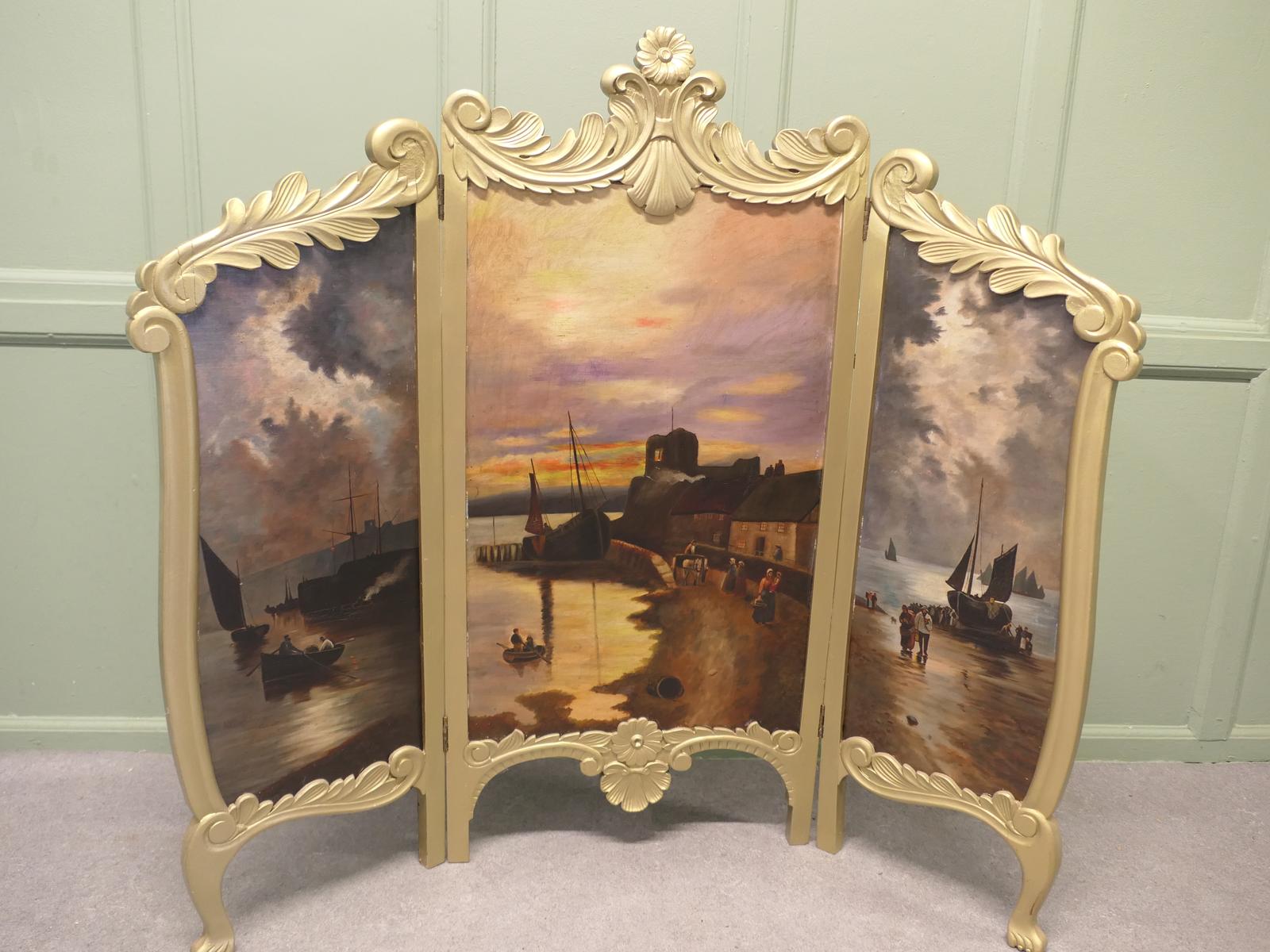 Very Unusual Painted 3 Fold Screen, Gilt Fire Screen (1 of 6)