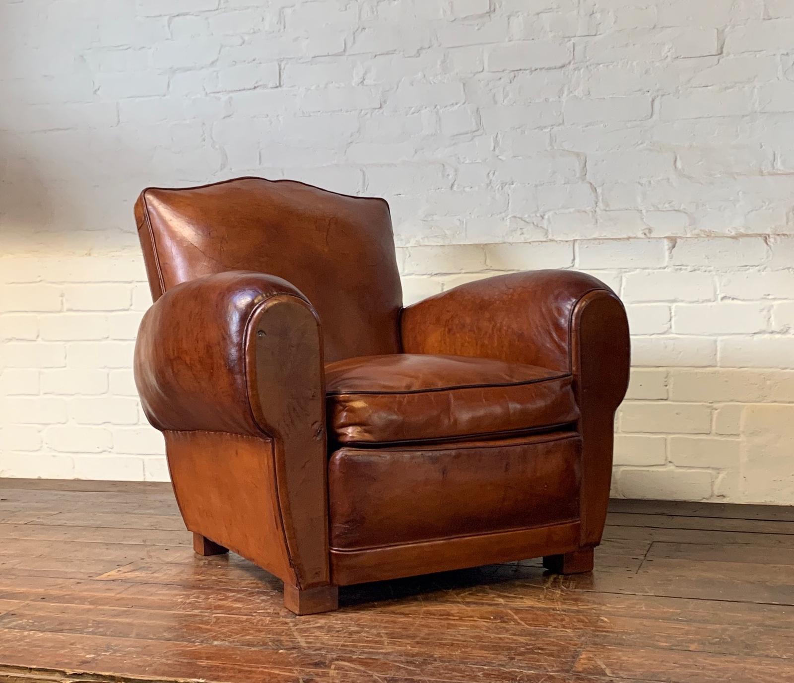 A Stunning French Leather Club Chair, Deep Caramel Moustache Model, Circa 1950s (1 of 9)