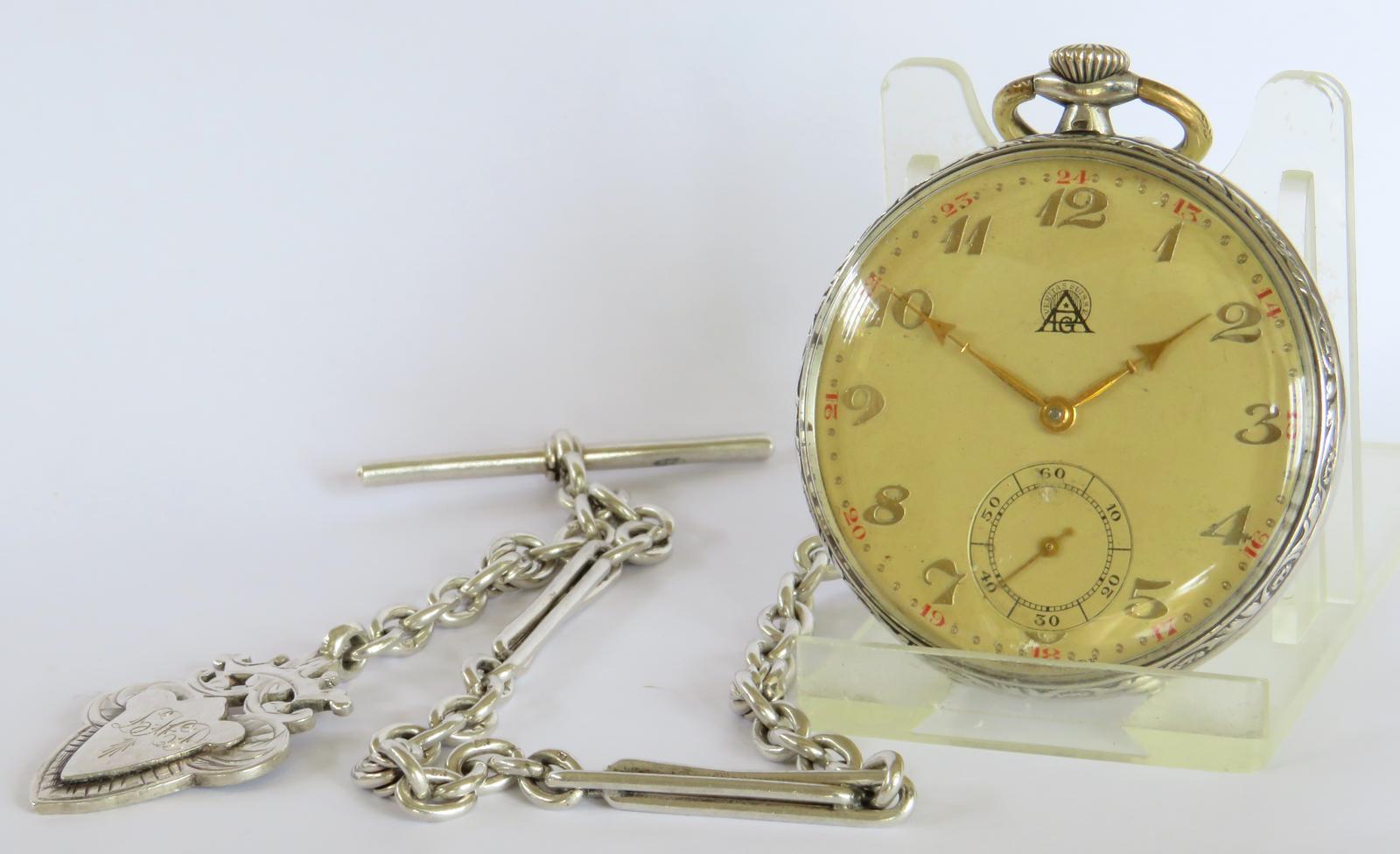 Pocket Watch: Silver Art Deco Pocket Watch & Chain (1 of 6)