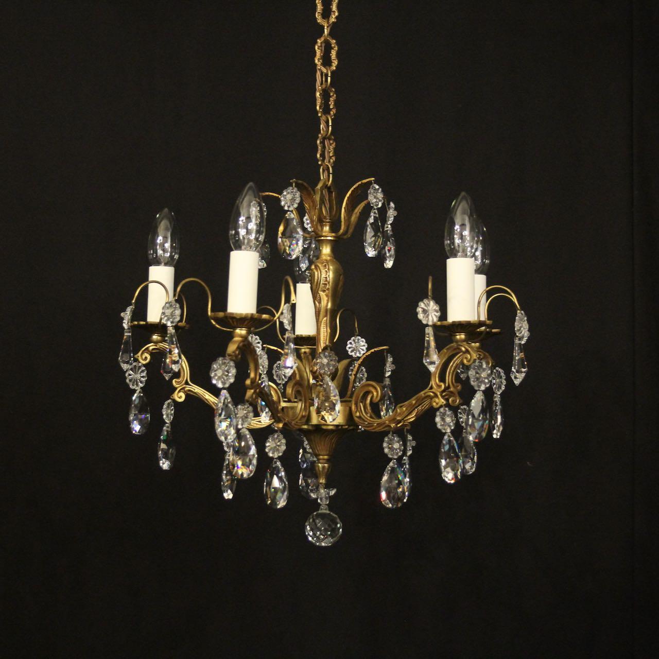 French Gilded & Crystal 5 Light Chandelier (1 of 10)