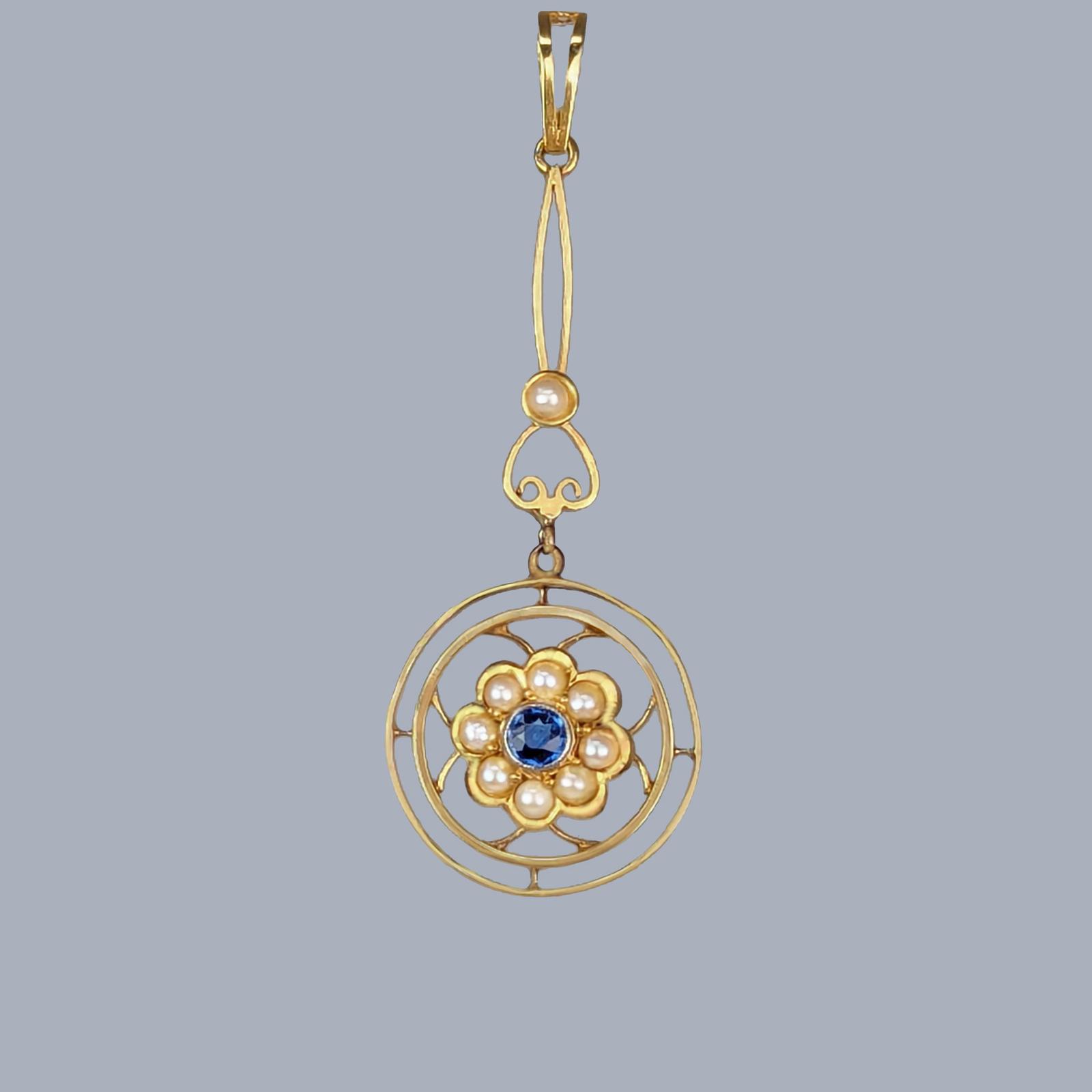 Edwardian Sapphire & Pearl Pendant | 15ct Gold Antique Floral Drop Pendant c.1905 A Beautiful Example of an Antique Edwardian Pendant (1 of 6)