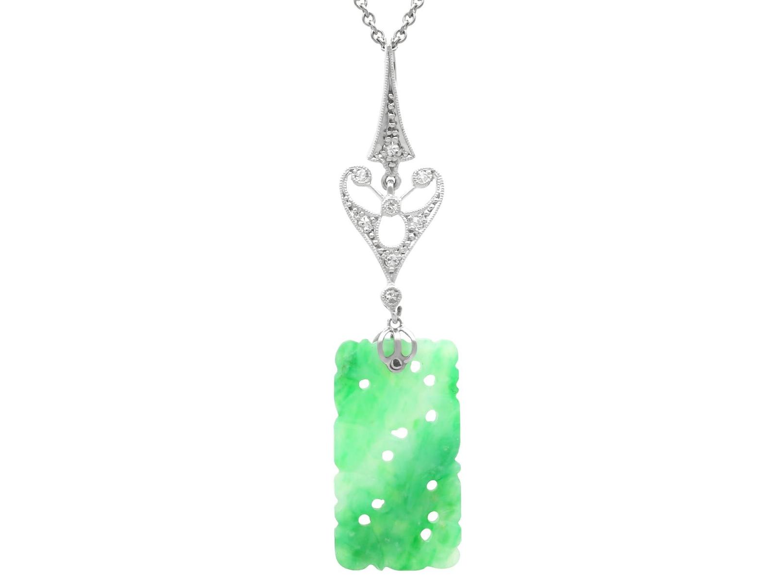 Antique 4.60ct Jadeite & 0.28ct Diamond 18ct White Gold Pendant c.1920 (1 of 11)