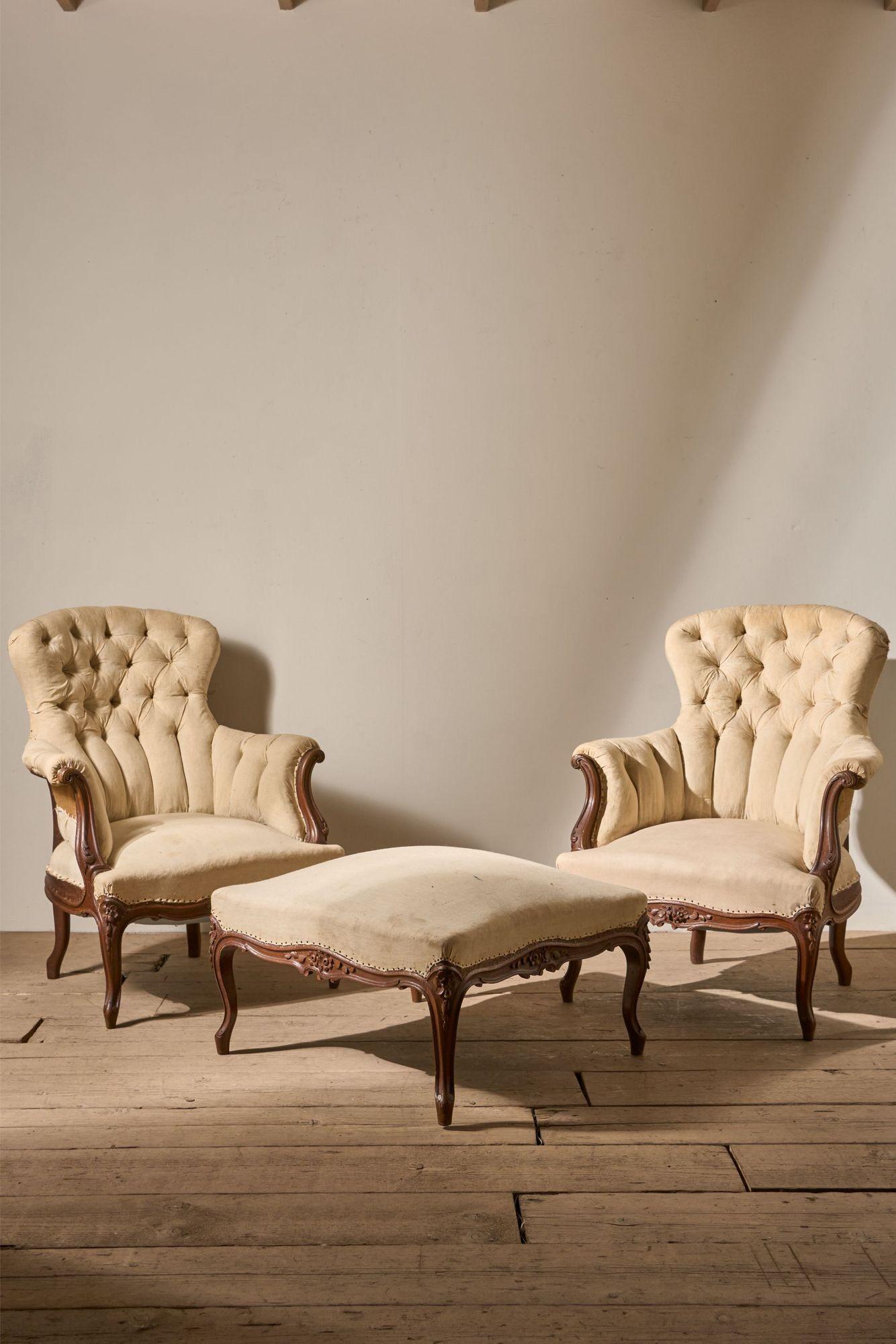 Pair of 19th Century Buttoned Back Armchairs with Matching Stool (1 of 6) Pair of 19th Century Buttoned Back Armchairs with Matching Stool (1 of 6)
