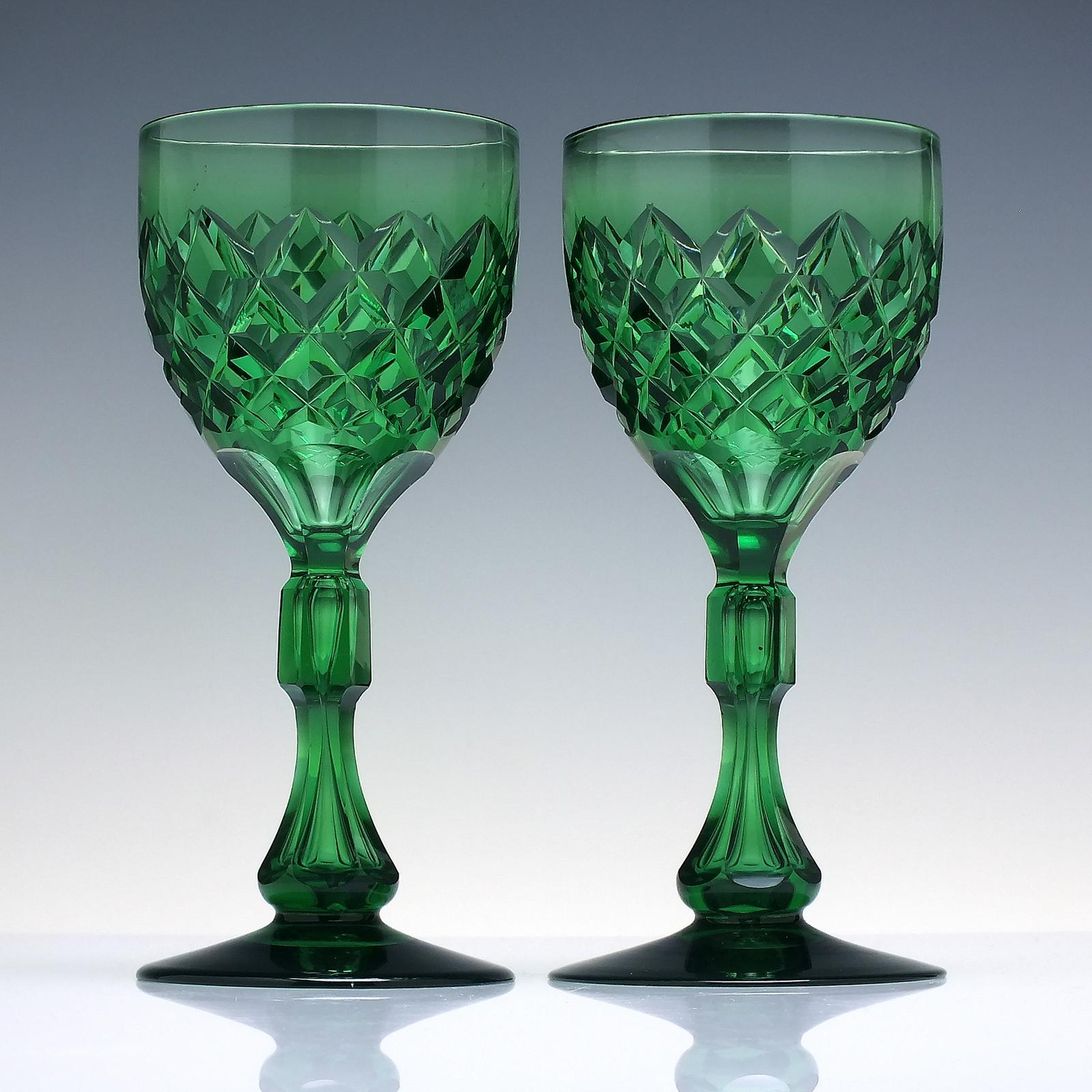 Pair Victorian Green Cut Wine Glasses C1870 (1 of 5)
