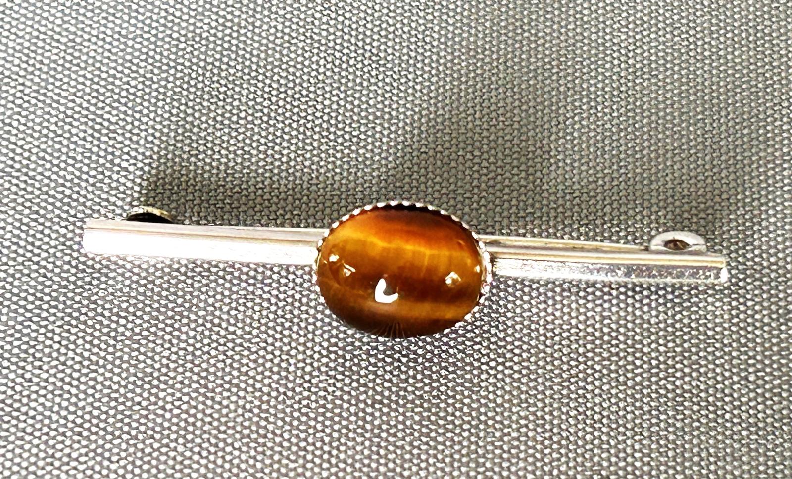 Silver & Tiger's Eye Bar Brooch (1 of 4)
