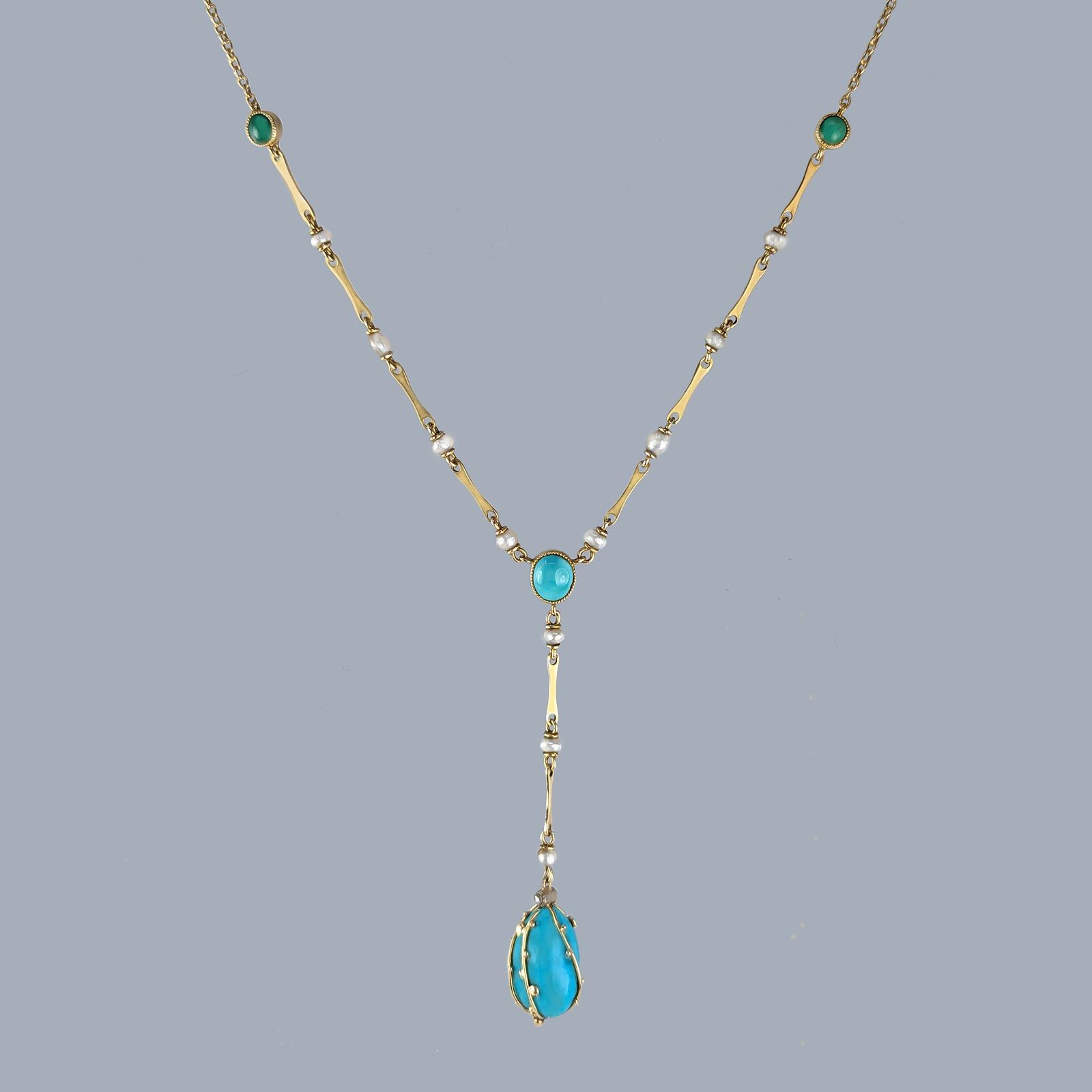 Arts & Crafts Turquoise and Pearl Necklace by Murrle Bennett & Co, 15ct Gold, Victorian (1 of 14)