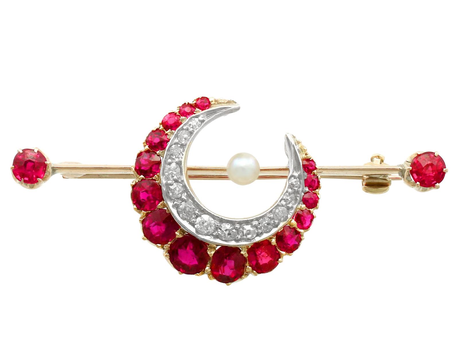 Antique Victorian 2.38ct Ruby, 0.30ct Diamond, Pearl & 14ct Yellow Gold Crescent Bar Brooch (1 of 12)