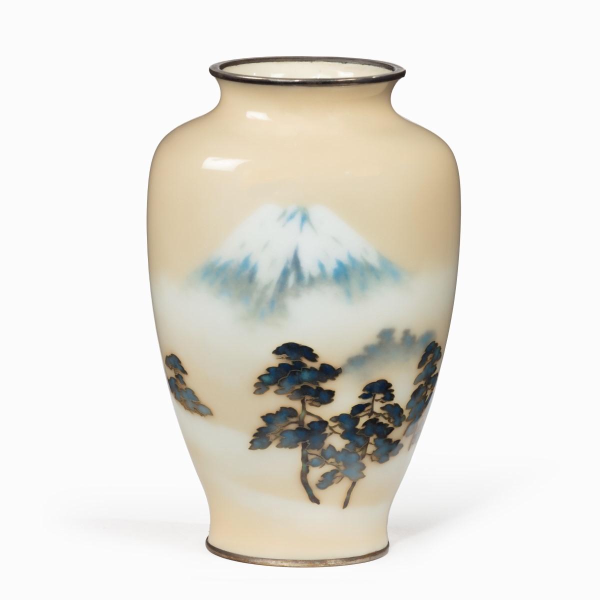 Showa Period Rich Cream Ground Musen Cloisonne Enamel Vase with Mount Fuji by Ando (1 of 4)
