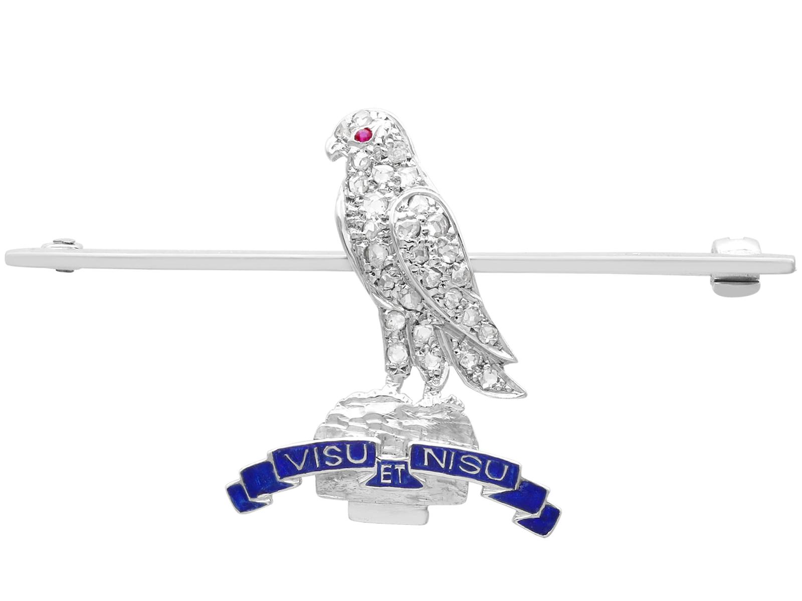 0.15ct Diamond & Ruby 9ct White Gold Regimental Brooch c.1930 (1 of 9)