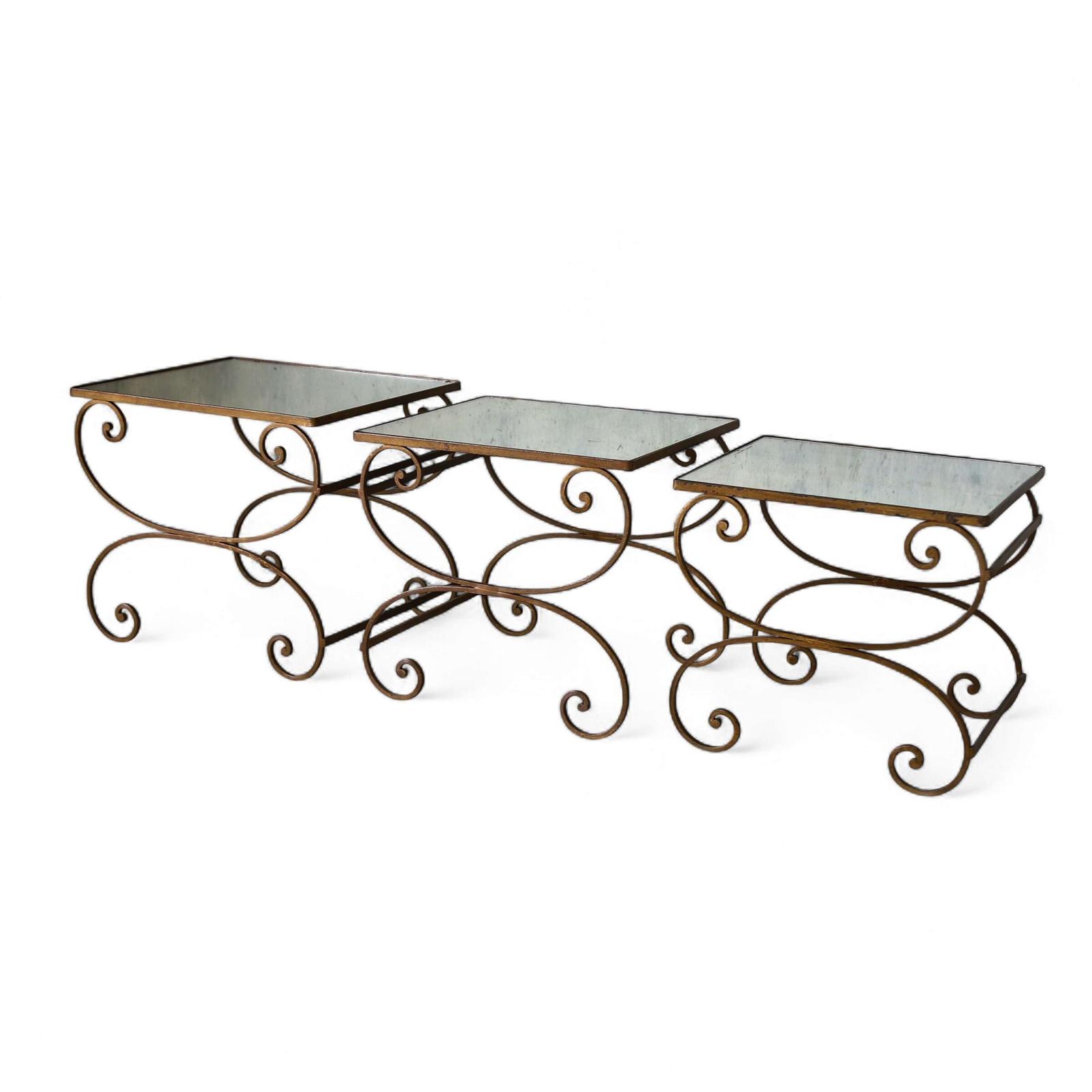 Mid-Century Italian Nest of 3 Gilt Metal Tables with Distressed Mirrored Tops (1 of 12)
