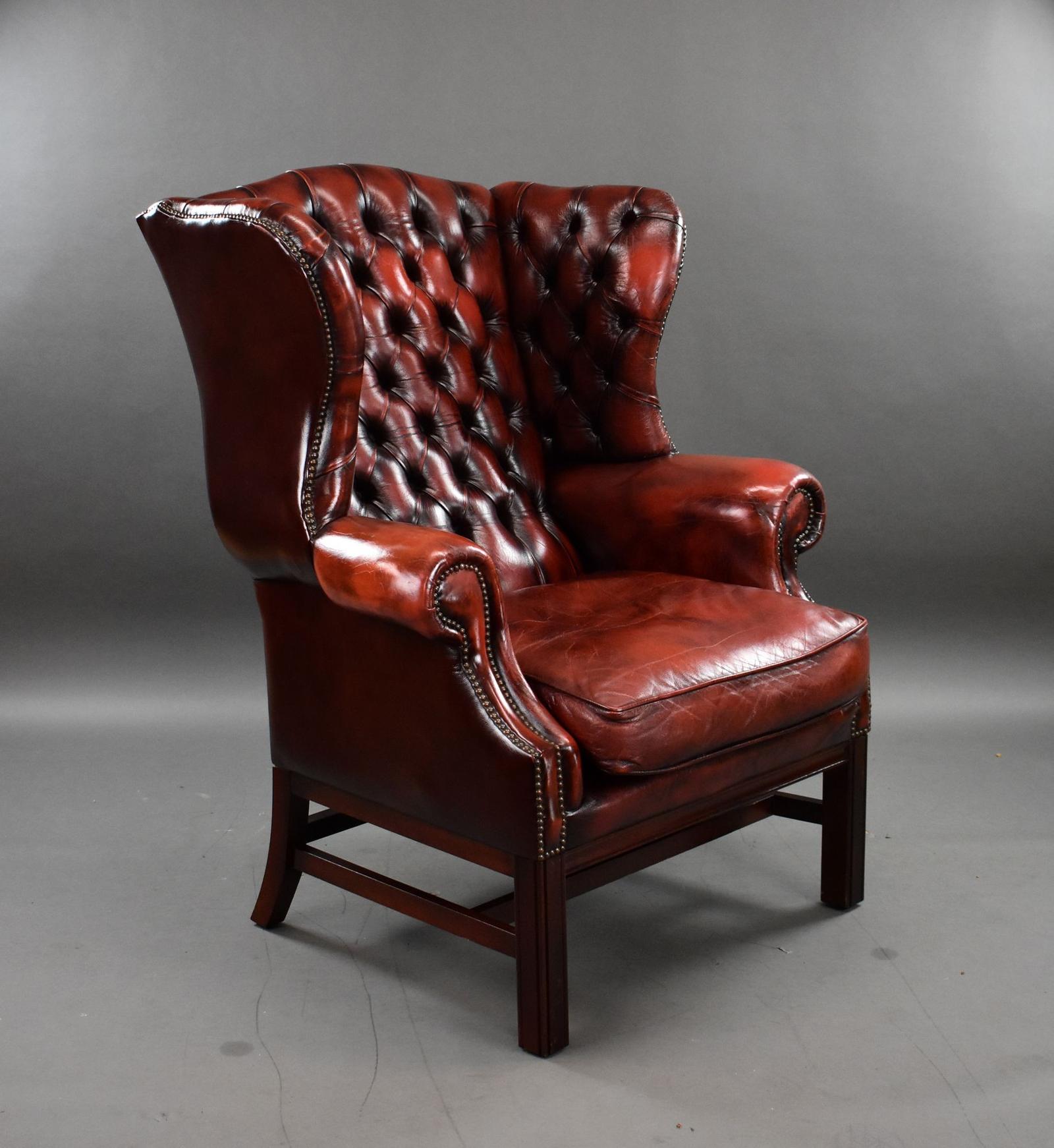 Ox Blood Red Leather Wing Back Armchair (1 of 8)