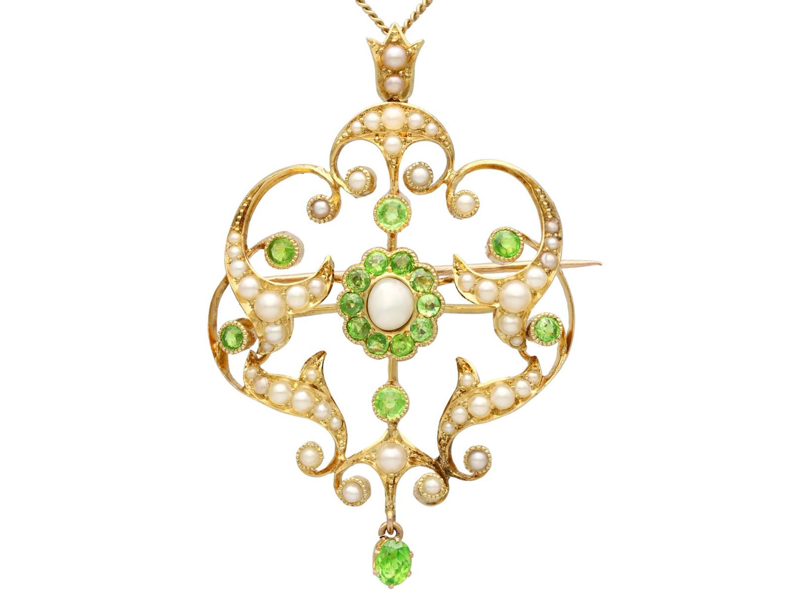 Antique 1.19ct Demantoid Garnet & Seed Pearl, 15ct Yellow Gold Pendant / Brooch c.1890 (1 of 13)