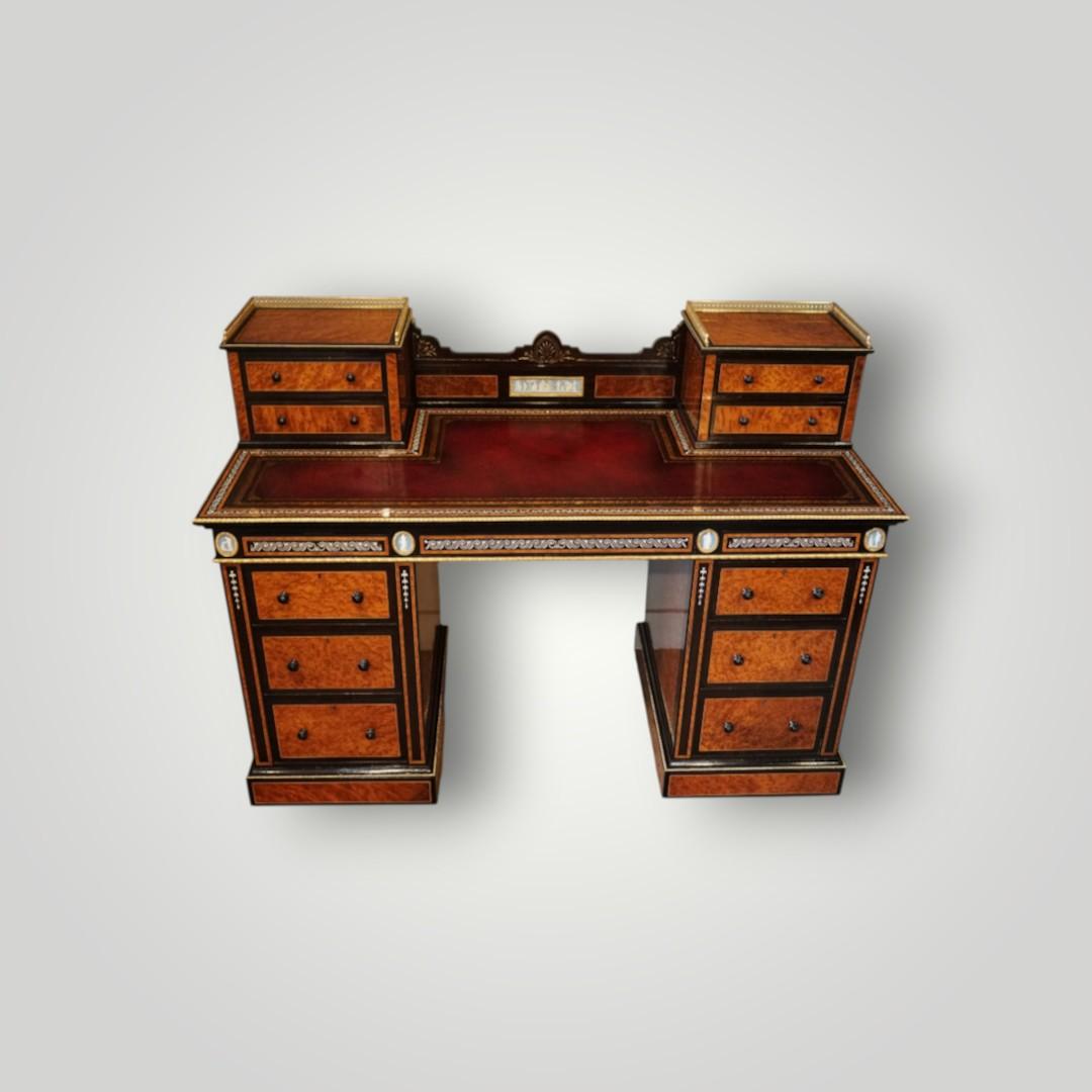 Victorian Thuya & Ebonised Pedestal Desk with Ivory Inlay & Wedgwood Plaques - Jackson & Graham (1 of 27) Victorian Thuya & Ebonised Pedestal Desk with Ivory Inlay & Wedgwood Plaques - Jackson & Graham (1 of 27)