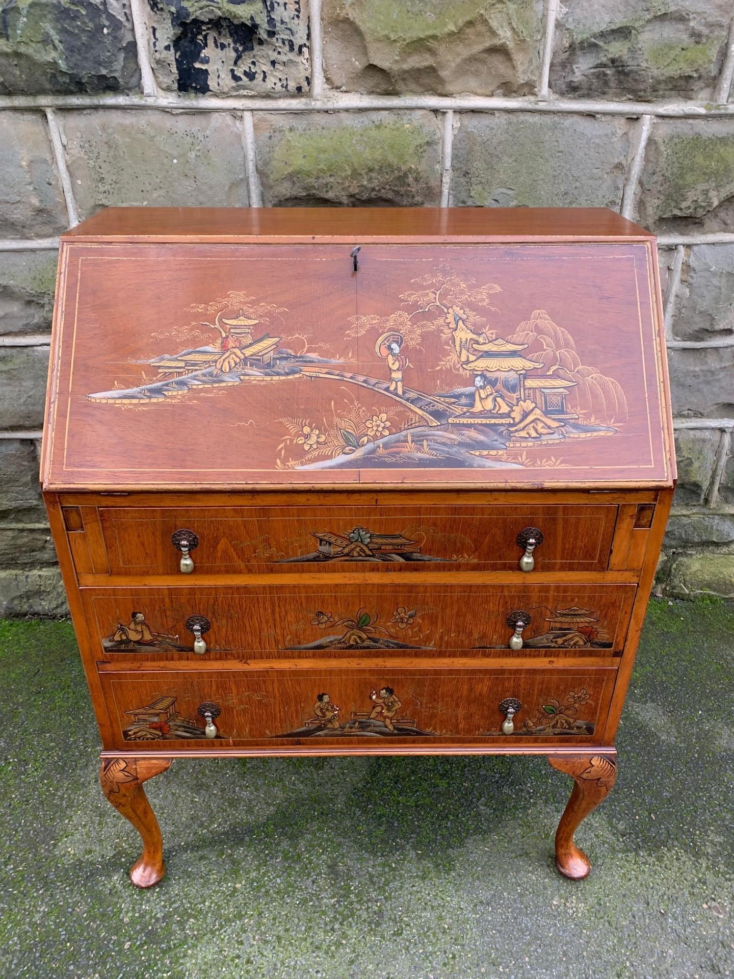 Antique Walnut & Chinoiserie Decorated Bureau Desk (1 of 12)