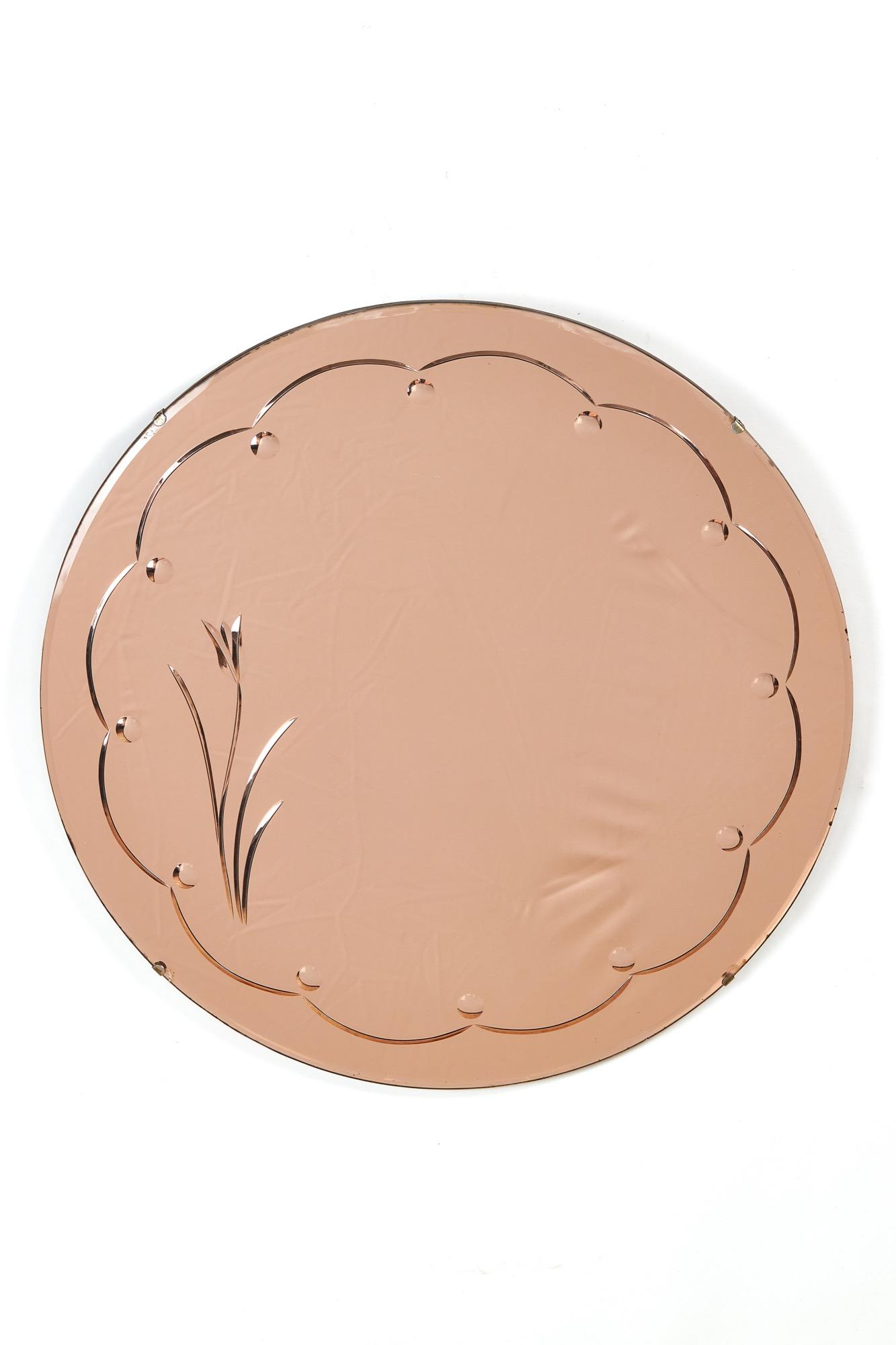 Art Deco Peach Coloured & Etched Wall Mirror (1 of 2)