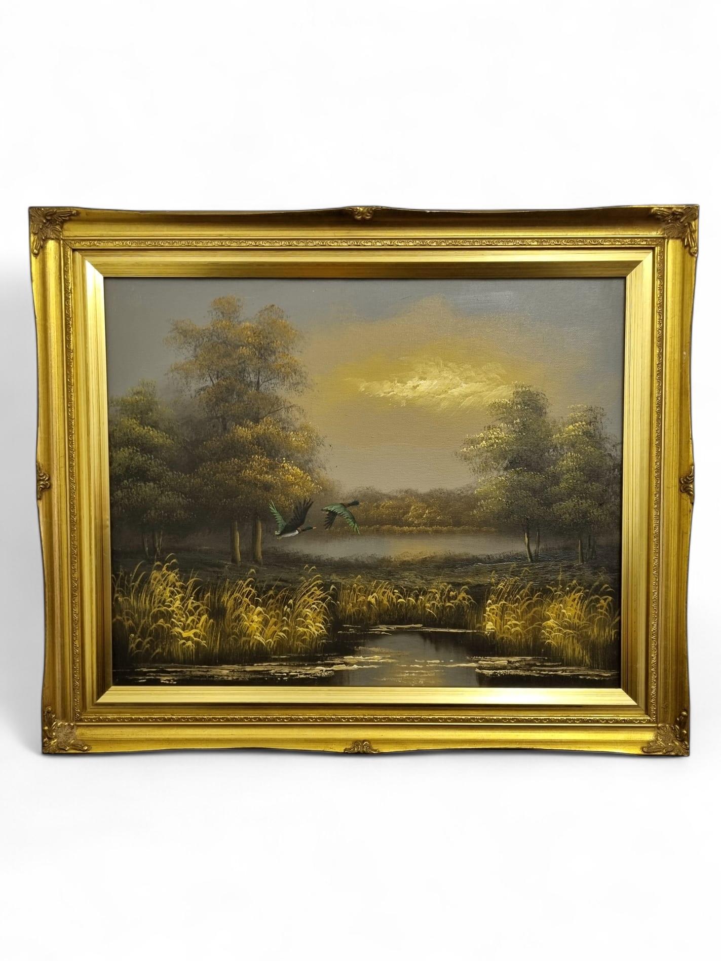 Vintage Oil Painting on Canvas / Landscape with Ducks in Flight / C1970 (1 of 7)