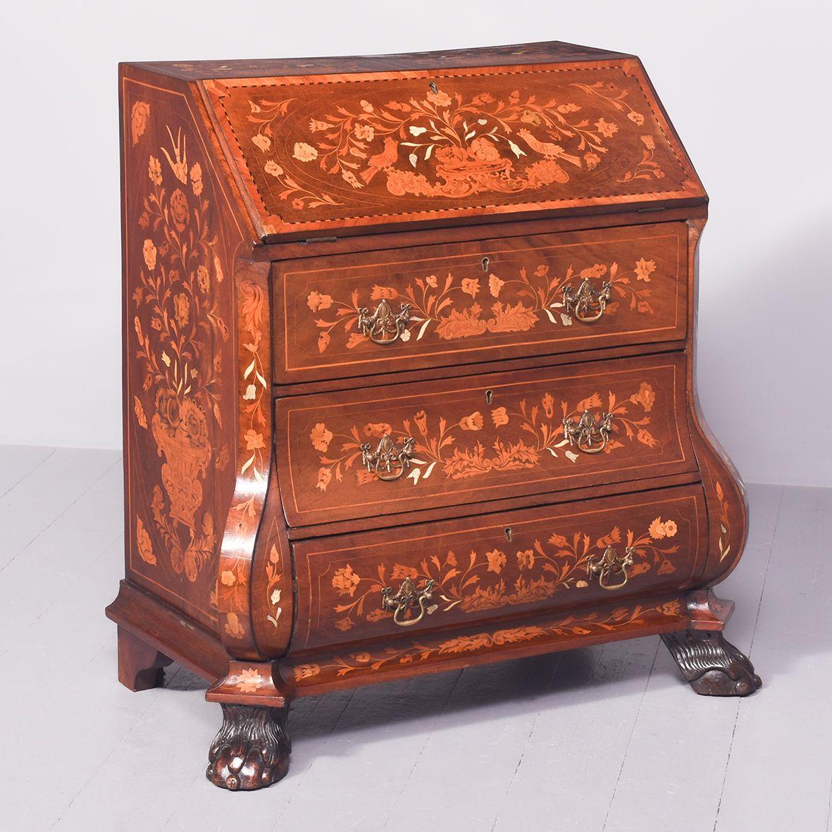 Neat-sized Dutch Marquetry Inlaid Mahogany Bureau (1 of 13)
