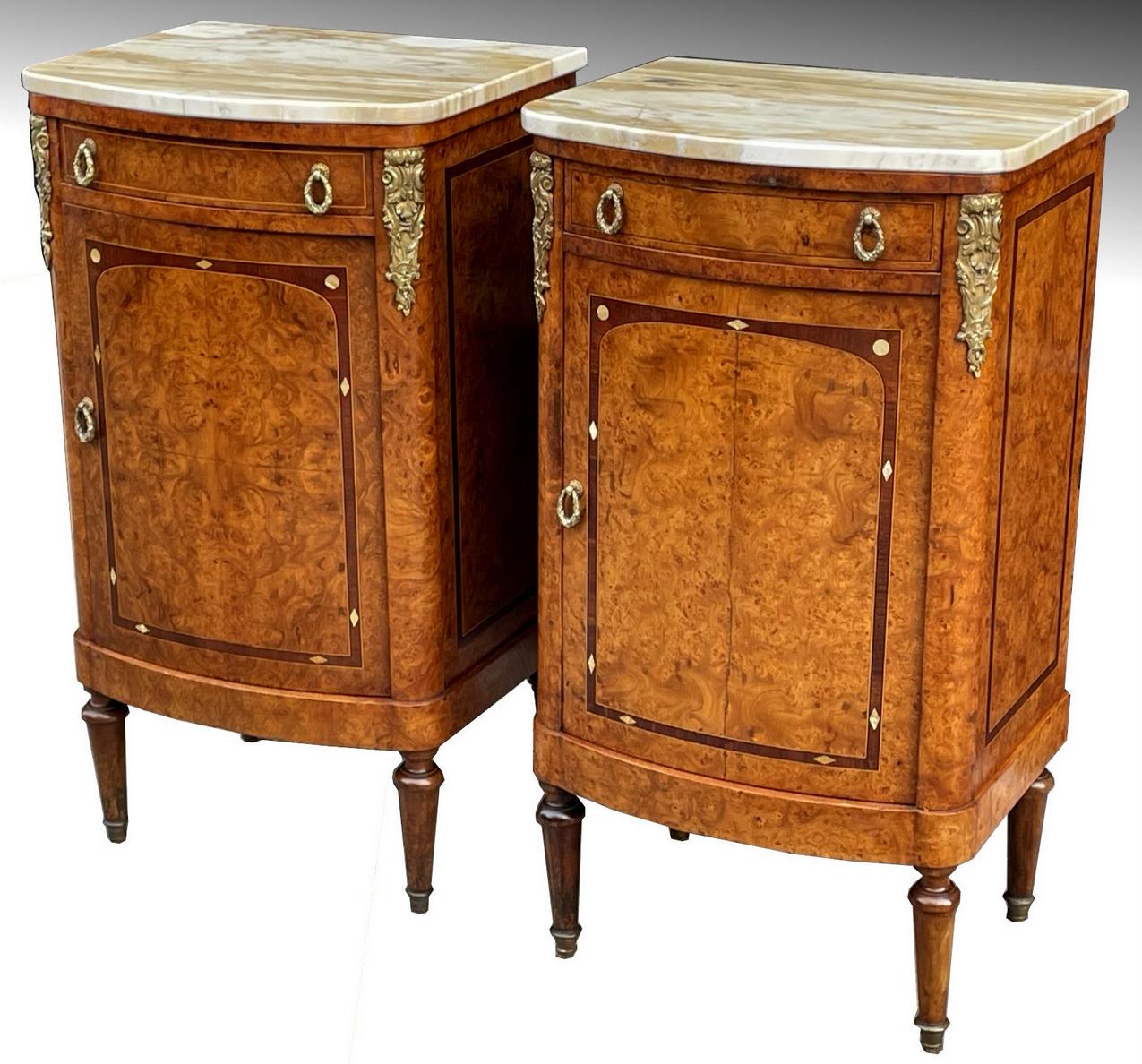 Antique French Ormolu Marble Top Burl Walnut Bedside Cabinets Locker Nightstands (1 of 6)