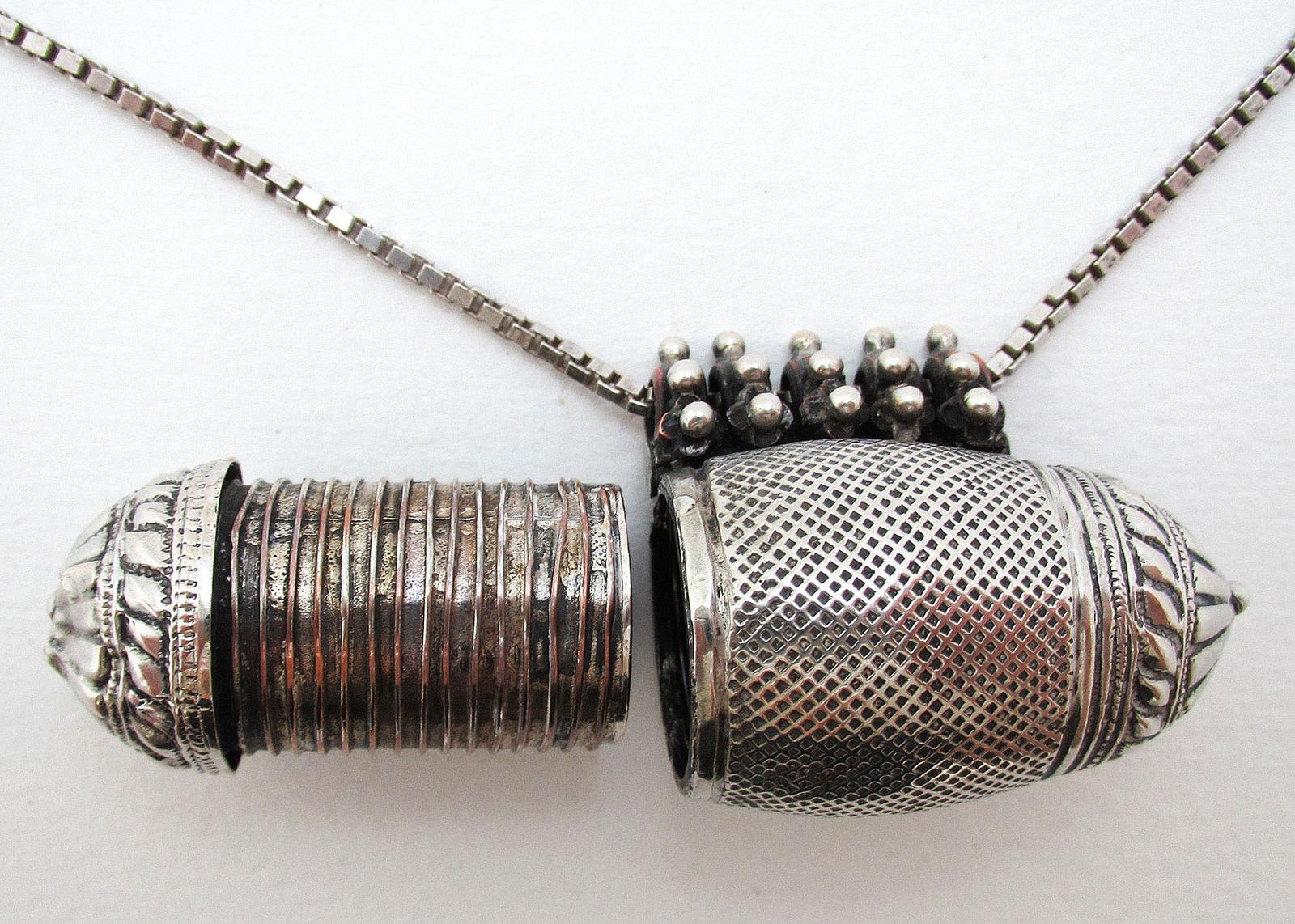 Rare Indian Antique Silver Metal Amulet Openable Talisman Pendant Container Locket Necklace - 19th Century (1 of 11)