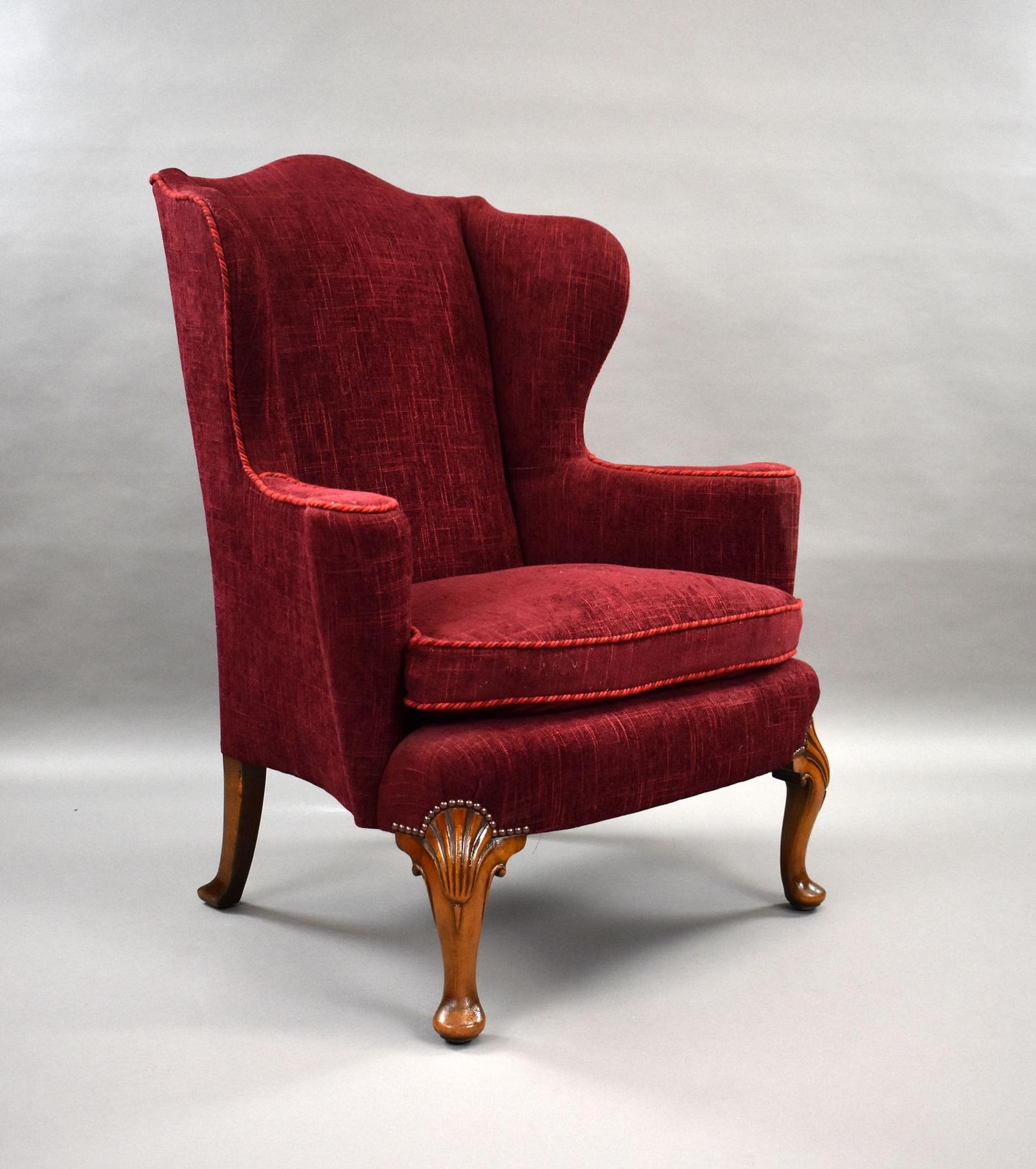 Antique Queen Anne Style Walnut Wing Back Armchair (1 of 8)
